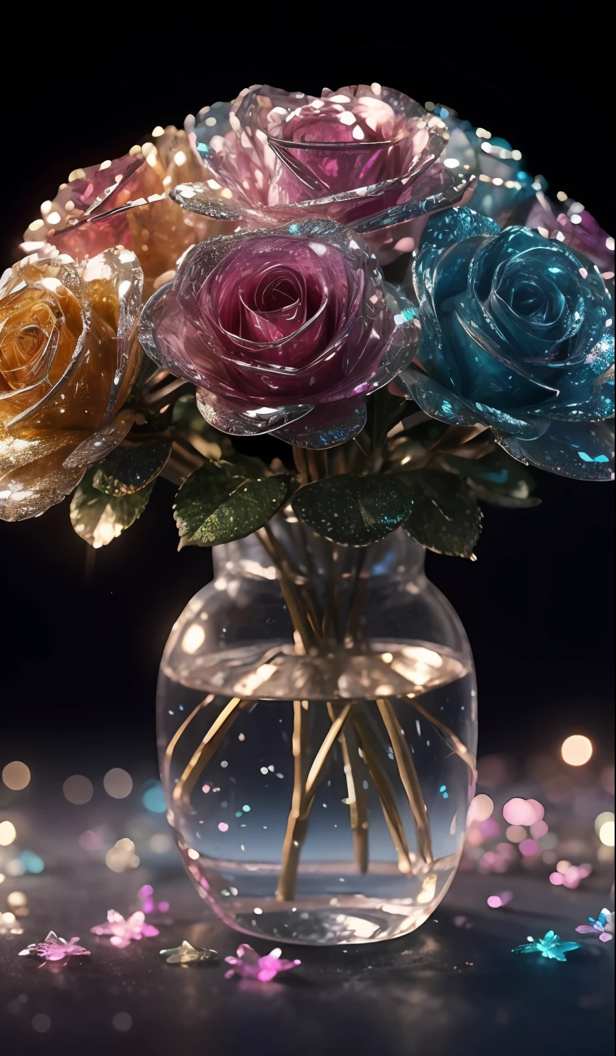 Crystal shoes and crystal roses, fanciful, galaxias, cleanness, glittery, glittery, Splendor, Colorful, Amazing photography, dramatic lighting, photo-realism, ultra - detailed, 4K, depth of fields, A high resolution
