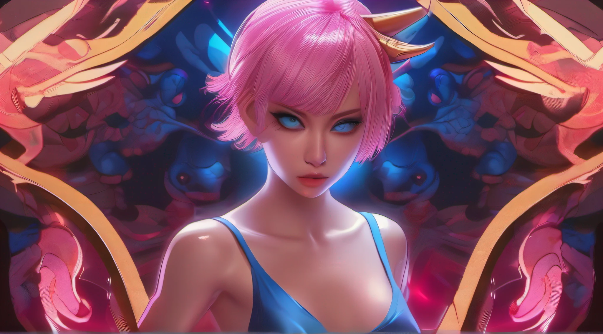 japanese oni is fighting a beautiful girl,18yo, pink short hair, blue eyes,Conceptual art, best photo shot, glowing light, realistic, UHD, textured skin, masterpiece, anatomically correct, best quality, 8k, full body,