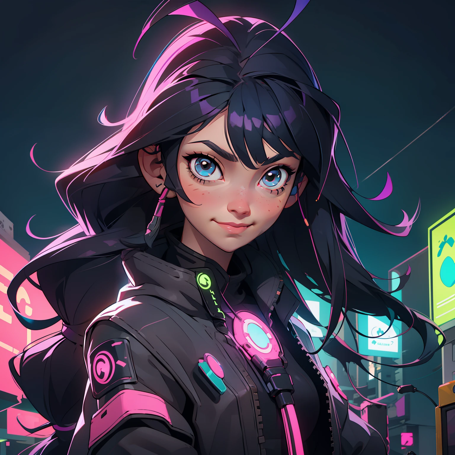 Create a girl with long messy black hair and brown eyes, smiling, gamer,, monitor, night time, good quality, perfect anatomy, 8k, masterpiece, by (Holaxes), long hair, messy hair, neon, headphones, cyberpunk, neon purple, neon yellow, neon blue, cyberwave, best Character Design