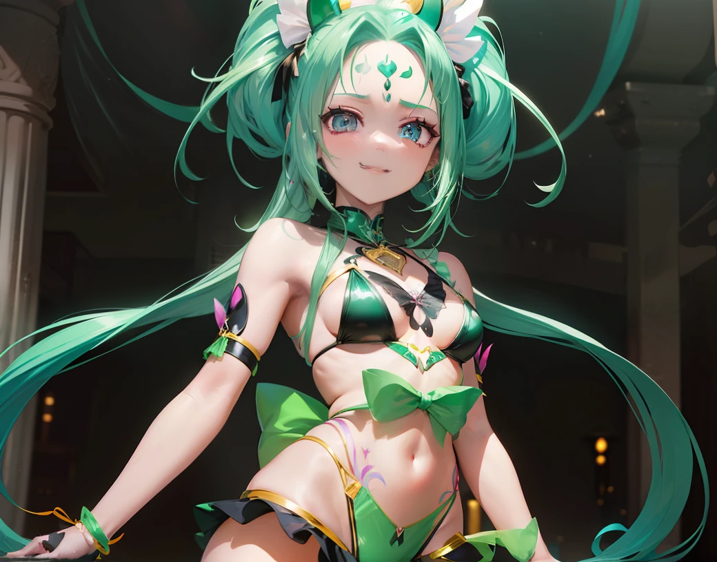 Precure. An evil Cure Mint in a skimpy costume stands alone. (((Divide the bangs into left and right to emphasize the forehead:1.3))). ((voluminous ponytail. Mint Hair. Straight hair. Medium Hair.Her hair is tied at the top of her head. On the head there is a butterfly with a black fringe and a heart headdress:1.1)). slenderface. Evil smile. The costume consists of latex fabric and transparent tights. Wearing a sharp black bikini armor. sharp hair ornament on the head,. Sharp nails on the tips of the fingers. Tattoo of a heart around the navel. Light pink eyes. Machine.