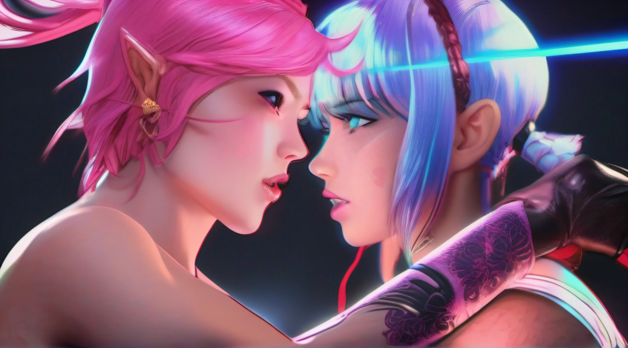 japanese oni is fighting a beautiful girl,18yo, pink short hair, blue eyes,Conceptual art, best photo shot, glowing light, realistic, UHD, textured skin, masterpiece, anatomically correct, best quality, 8k, full body,