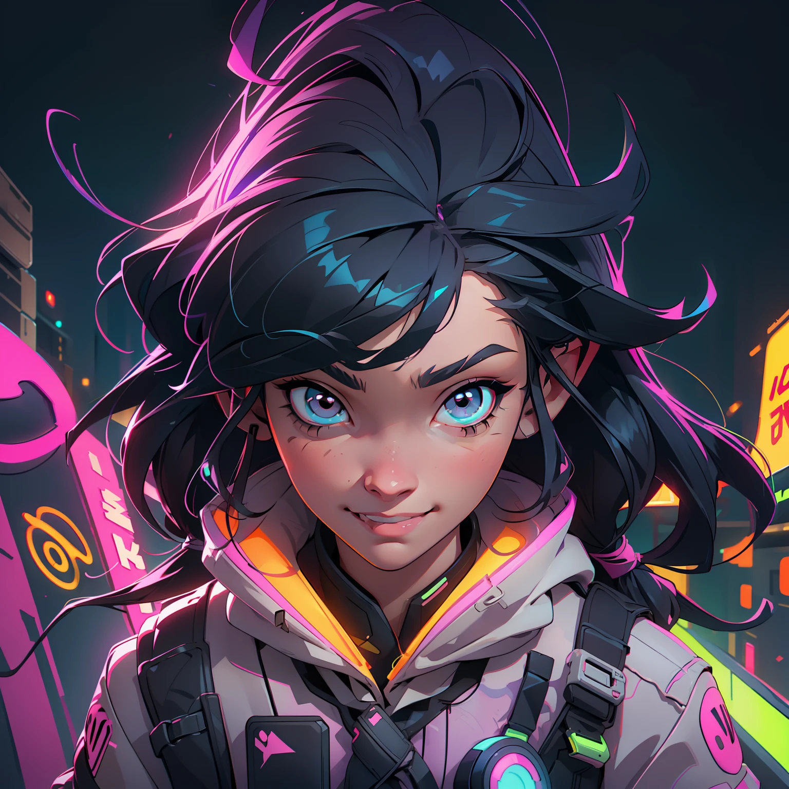 Create a girl with long messy black hair and brown eyes, smiling, gamer,, monitor, night time, good quality, perfect anatomy, 8k, masterpiece, by (Holaxes), long hair, messy hair, neon, headphones, cyberpunk, neon purple, neon yellow, neon blue, cyberwave, best Character Design