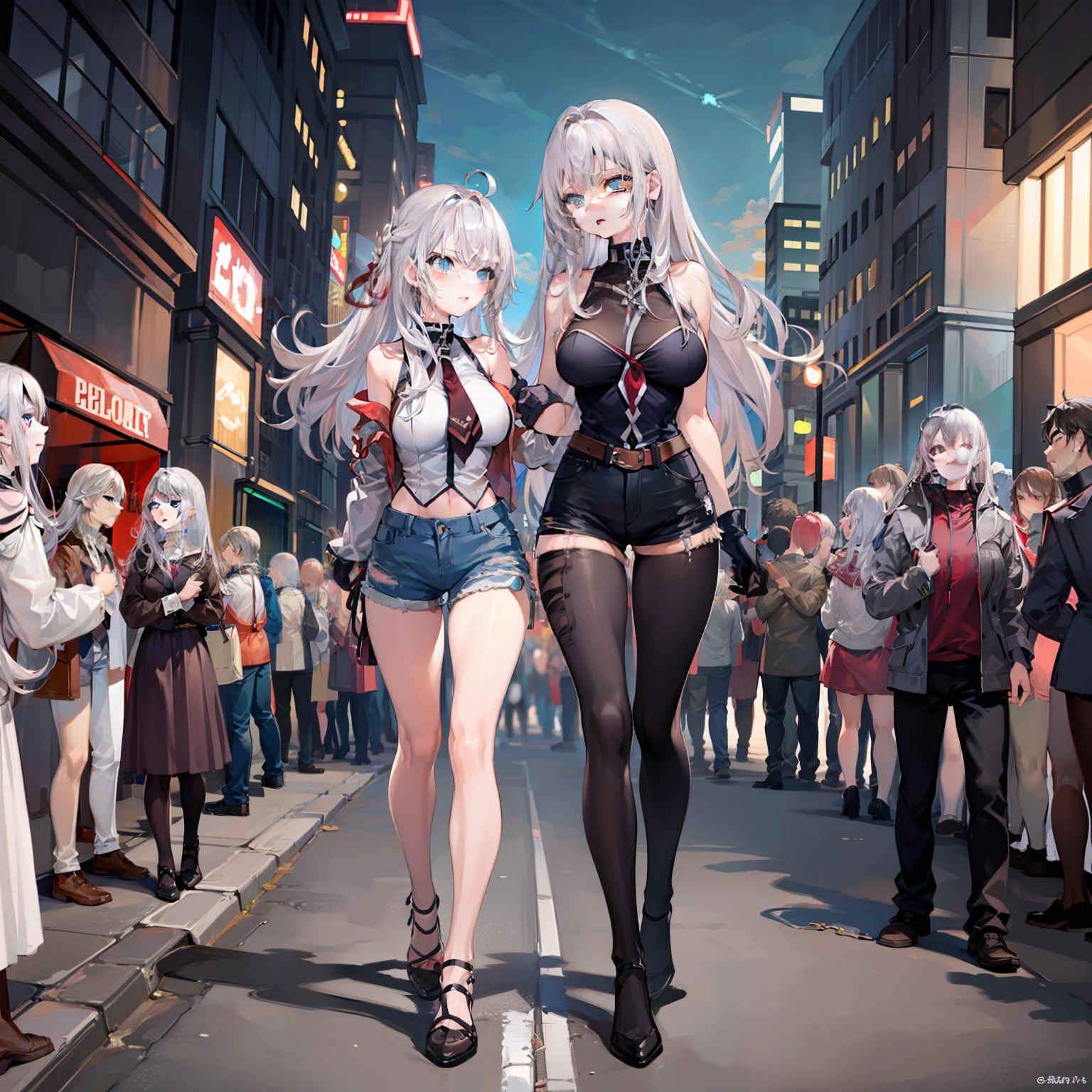 (huge breast)),long hair,((silver hair,blue eyes)), daylight, sunlight, (chiseled abs : 1.1), (perfect body : 1.0), collar, chain, full body shot, crowded street, wearing black tanktop, jeans jacket, ((shorts)),(masterpiece), (best quality:1.0), (ultra highres:1.0), beautiful lighting ,perfect lightning, realistic shadows, [highres], detailed skin, ultra-detailed,arms behind head,anime style