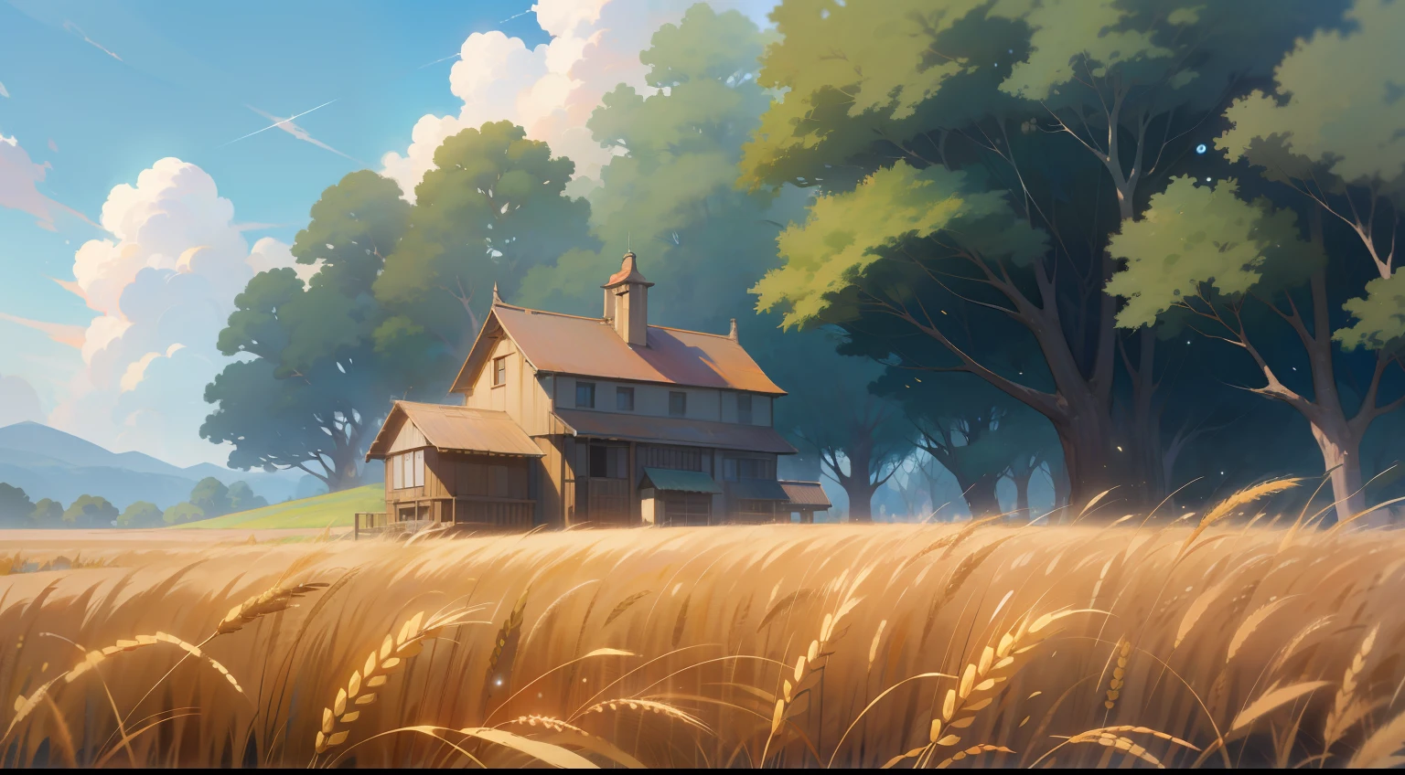 Nice clouds，Tano，Bright summer，golden wheat fields，Makoto Miyazaki，Makoto Shinkai Cyril Rolando，Incredible Hayao Miyazaki，miyazaki's animated film，Studio Ghibli's art style，beautiful anime scenes，miyazaki movie，in the style of Hayao Miyazaki，inspired by Miyazaki，miyazaki movie，ghibli artstyle，（best qualtiy），Bright colors，exteriors， an overgrown， paths， flod， pathway， Rochas， scenecy， Skysky，waterfallr ，rays of sunshine，immense wheat fields，Illustration style，8K，4K，blue_sky，high saturated，Pubic area is clear，no_humans，detail-rich，Epic composition，Clear colors，natural beauty，（illustratio：1.0），Reasonable structure，cartoonish style，Landscape oil painting，fanciful，wheat，in a serene landscape