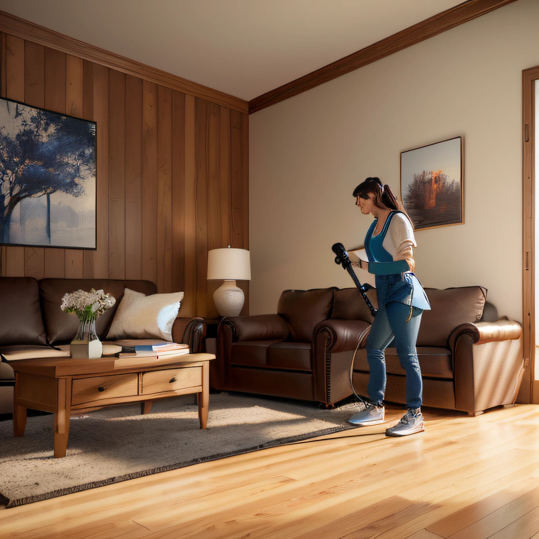 Araved woman vacuuming room with vacuum cleaner, rendered in corona, realistic CGI, Realistic physical rendering, realistic cgi render, oiled hardwood floors, photo realistic render, Photorealistic rendering, photorealistic cinematic render, photorealistic 3d render, photorealistic 3d render, photoreal render, semi - realistic render, 3 d photorealistic render