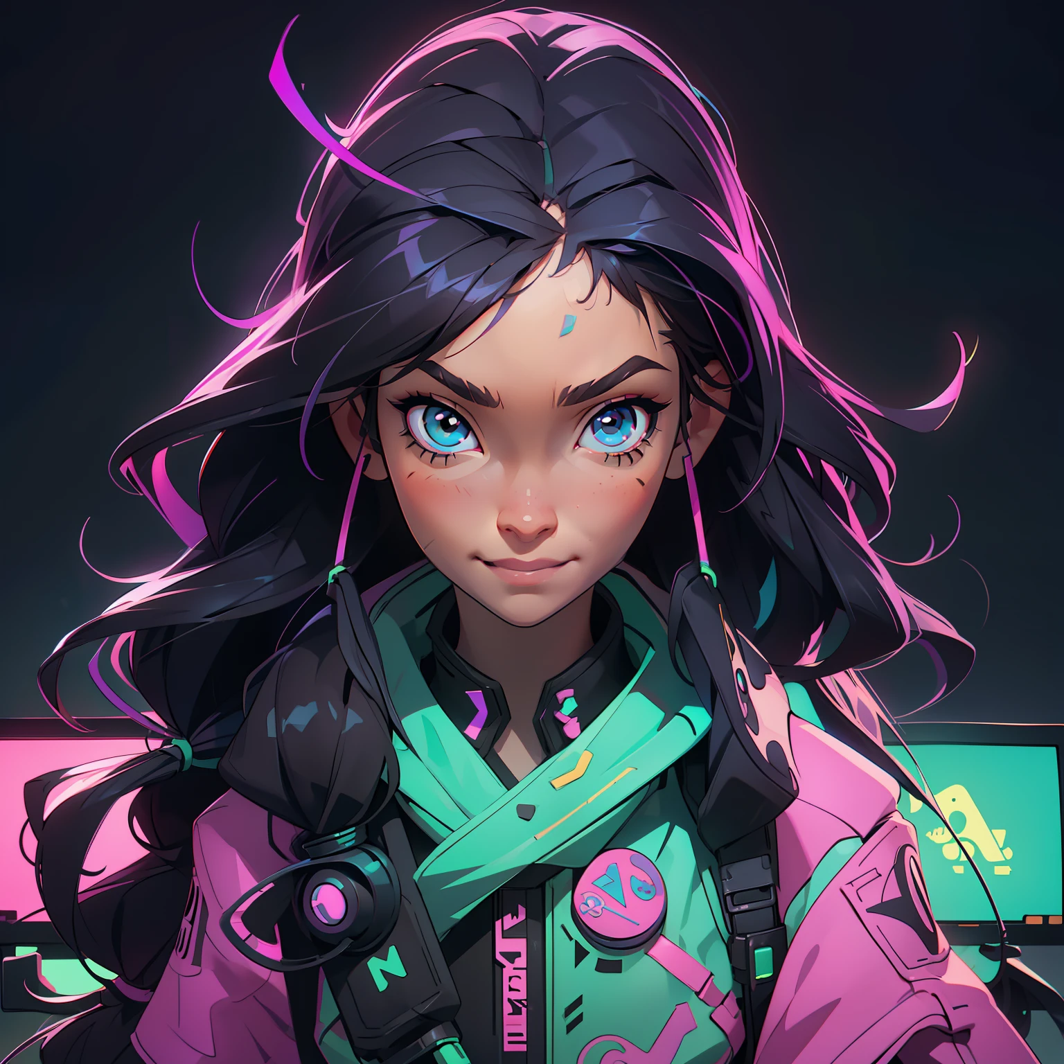 Create a girl with long messy black hair and brown eyes, smiling, gamer,, monitor, night time, good quality, perfect anatomy, 8k, masterpiece, by (Holaxes), long hair, messy hair, neon, headphones, cyberpunk, neon purple, neon yellow, neon blue, cyberwave, best Character Design