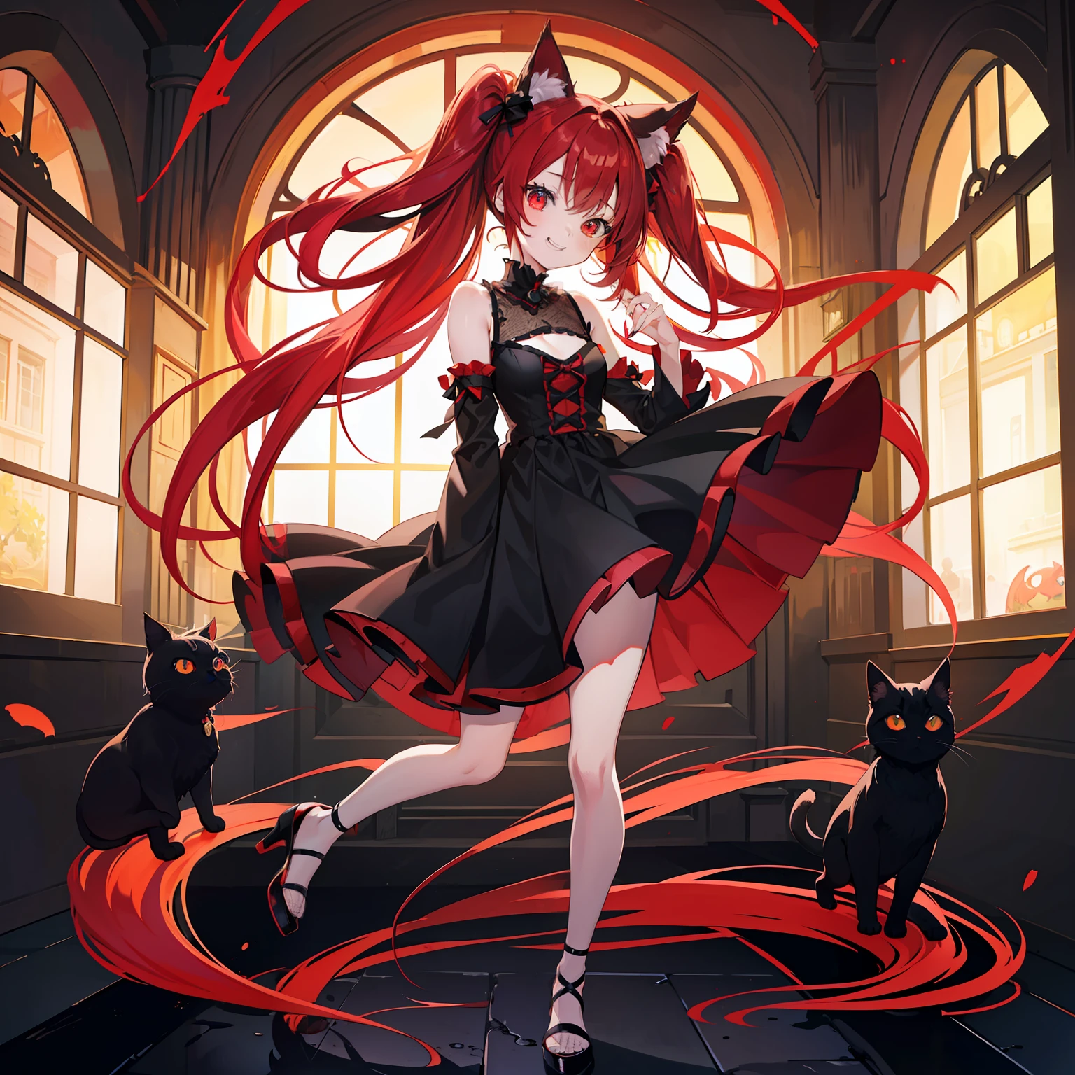 Anime filling,Two-dimensional illustration,Red hair,Half Twin Tail,shorth hair,Big eyes,A smile,a beauty girl,cute little,Super Cute,Black cat ears,Red Eyes,Ruffled Clothes,Black lace clothes,Inner colorGreen,One girl,Full body painting,A masterpiece of 2D art,(​masterpiece,Top image quality:1.3),(detaile:1.2),(女の子1人)