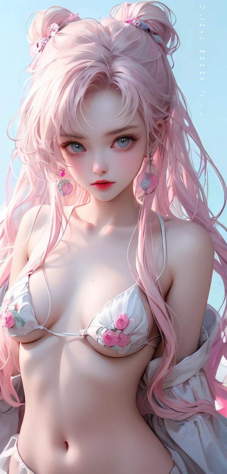 Light blue and pink color scheme,Sexy girl nipple,little body,Petite,White curly hair