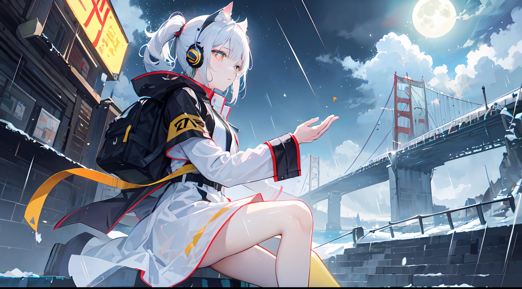((high qulity)), ((tmasterpiece)), 8K, Girls, bulletproof vest, llight rays, Extremely detailed CG unifies 8K, 8K, Diamond, and wallpaper, GameCG, looking at viewert, mitts, Boots, full bodyesbian, Wrist watch, Computer,Masks,UAVs,handheldweapons,Earphone,jaket,Bao,backpacks,Ark of tomorrow style,Black and white mixed trench coat,围巾,with short white hair,Issuing,The sword,yellow armband,Yellow band,Black strap,blue stripe,red color eyes,The sword,Firearms,Straighten your hair with both hands,Detailed hands,detailed back ground,detailed face with,A masterpiece of the Rhode Island Bridge,(best qualtiy:1.2),(super-fine:1.2),illustratio,(Extremely refined and beautiful:1.2),Movie Angle,floatking,(beatiful detailed eyes:1.1),(Detail light:1.1),电影灯光,Exquisite sky,woman,whaite hair,eBlue eyes,(high ponytails:1.1),cloaks,glowing light eyes,(themoon:1.2),(rays of moonlight:1.1),starrysky,(Light particles:1.1),Mist,Snow painting,full bloom,废墟,little bit of raining,,Earphone,White cat ears,Rained,Rain drops,Black hairpin,yellow armband,Blue sea,White tights