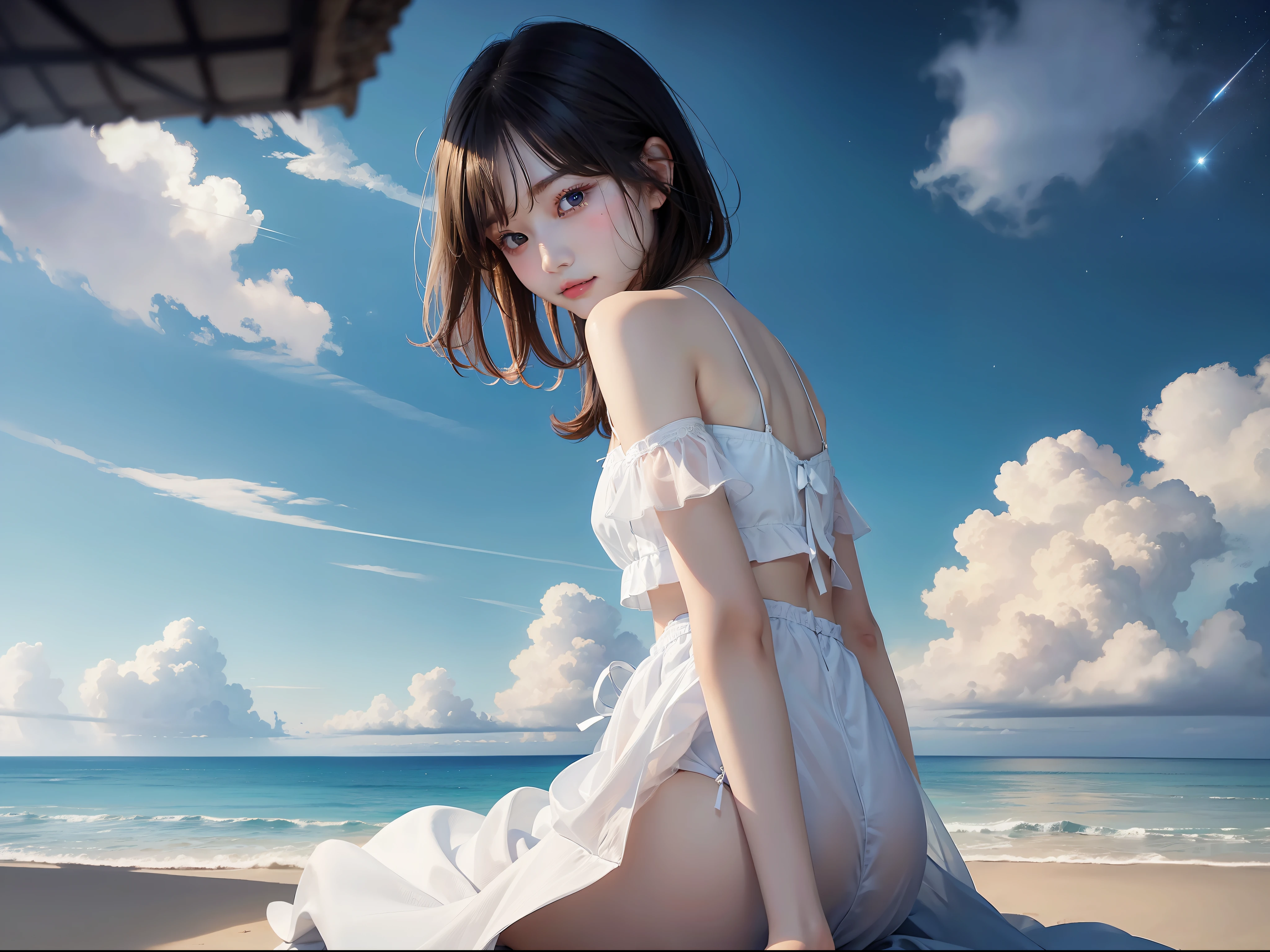 (Surreal)、(hight resolution)、(8K)、 (ighly detailed)、(Ultra clear skin pores)、(top-quality、​masterpiece:1.3)、Beautiful girl in a white dress、1womanl、full body Esbian、Ultra mini skirt、Shoulders are sticking out、Green eyes、Smaller chest、Small butt、natta、starrysky、shooting stars、Stroll along the sandy beach、Blue Sea、Far Horizon、Distant islands々、Into the cloud、Mid summer、