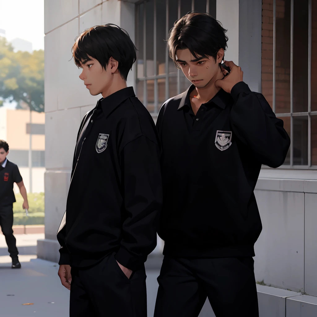 Mourning 15-year-olds dressed in black mourn the death of their brown-skinned children, hermano latino de pelo naranja, estan en la escuela hablan preocupados sobre algo importante