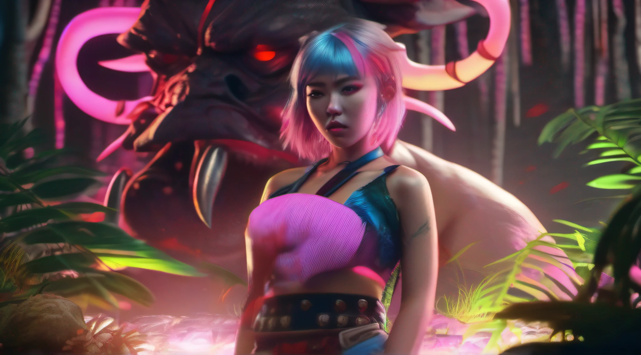 japanese oni is fighting a beautiful girl,18yo, in the jungle,pink short hair, blue eyes,Conceptual art, best photo shot, glowing light, realistic, UHD, textured skin, masterpiece, anatomically correct, best quality, 8k, full body,