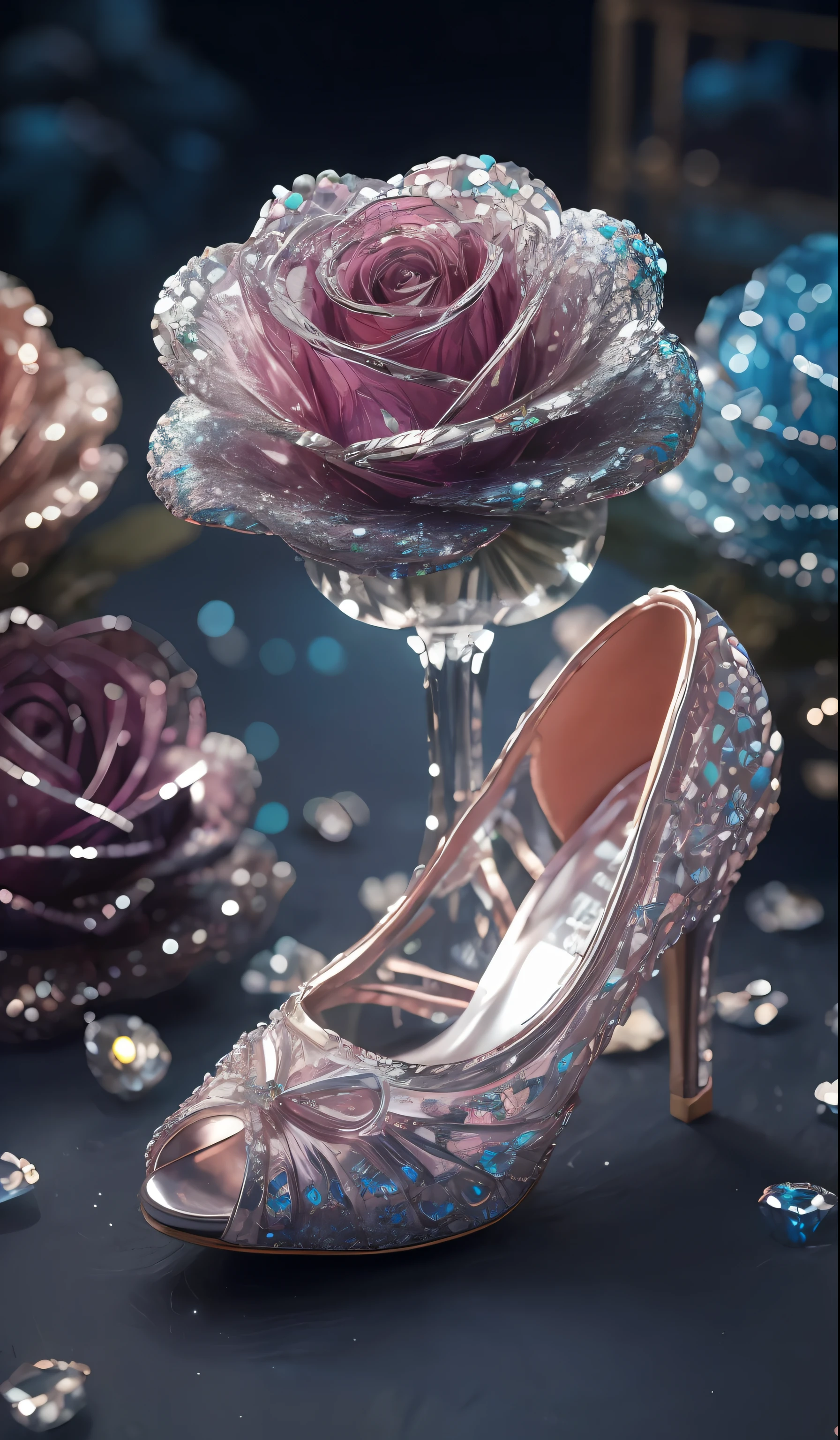 Crystal shoes and crystal roses， fanciful, galaxias, cleanness, glittery, glittery, Splendor, Colorful, Amazing photography, dramatic  lighting, photo-realism, ultra - detailed, 4K, depth of fields, A high resolution