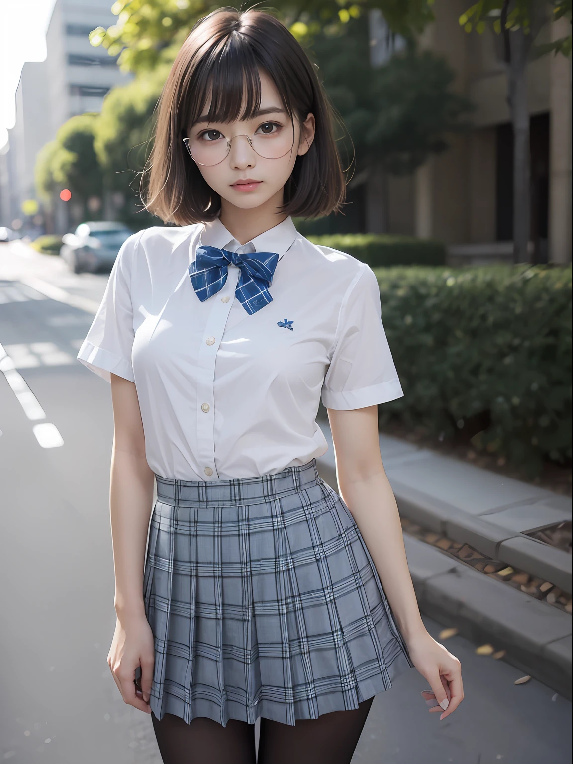 (8K、Raw photography、top-quality、masterpiece:1.2),de pele branca,(Black pantyhose),absurderes,a small face,small tits,flat breast,Parting the bangs from the middle、Forehead visible,(Tight eyes,glares,Bullish,skinny,Rasping,irate)、masterpiece,top-quality、超A high resolution,Raw photo,ren,Beautiful fece,One Person, 独奏,eye glass,,Dark look,Small breasts,fullllbody,Round glasses、cute little、JK school uniform,hi-school girl,A Japanese Lady,is standing,(Photorealsitic:1.37)、Photon mapping,Light blue ribbon,Realistic、Cute little face,Brown-eyed、Black socks、(Red bow tie)、Radio City、Physically Based Rendering、Foreground、depth of fields、Blurry background、a picture,The girls、Body,beauty legs, Long legs, Thin leg,Long bob cut,(Bangs are visible), hair, s lips, Blue_The eye, nosesoft,Light blue shirt, Navy and blue and white plaid pleated skirt, Knees are visible,Sheer clothing,, Thigh, Black cotton socks,Nogizaka Idol, 女優, Japanese ido