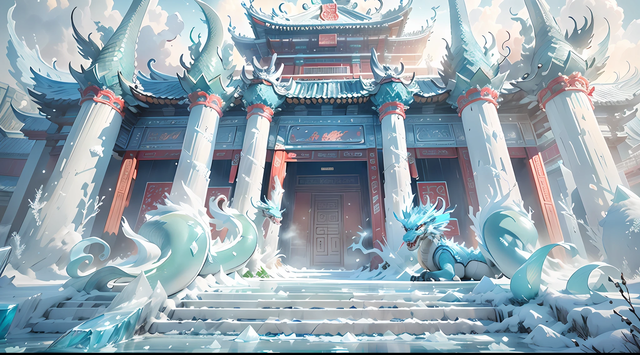 A magical world, (((transparent building))),(Floating in the sky:1.5),(White clouds on the ground:1.5),(((Crystal tiles))),(((crystal column))),(((Crystal wall)))(((The pillars are carved with Chinese dragons))),Nice colorful light decoration, (icey),(Frozen Palace:1.5),best qualtiy,tmasterpiece, 8k 辛烷值渲染, Photorealistic, Cinematic lighting, detailed building, The art of detail carving,Chinese Ancient Architecture,