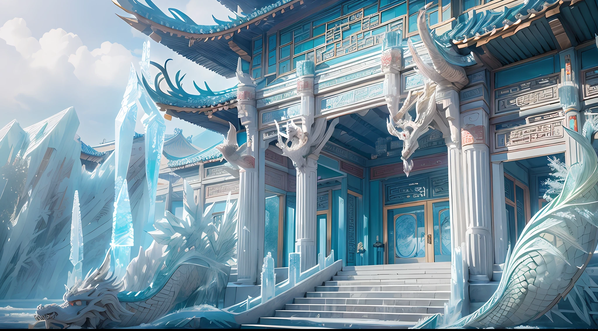 A magical world, (((transparent building))),(Floating in the sky:1.5),(White clouds on the ground:1.5),(((Crystal tiles))),(((crystal column))),(((Crystal wall)))(((The pillars are carved with Chinese dragons))),Nice colorful light decoration, (icey),(Frozen Palace:1.5),best qualtiy,tmasterpiece, 8k 辛烷值渲染, Photorealistic, Cinematic lighting, detailed building, The art of detail carving,Chinese Ancient Architecture,