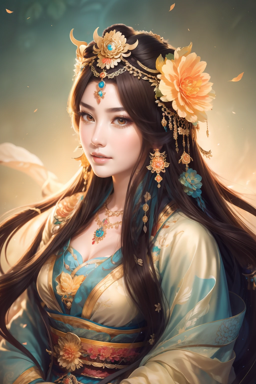 a close up of a woman with a flower crown on her head, a beautiful fantasy empress, Palace ， A girl in Hanfu, by Yang J, ((a beautiful fantasy empress)), Beautiful character painting, Inspired by Lan Ying, inspired by Du Qiong, Beautiful teenage girl, queen of the sea mu yanling, Chinese fantasy, Inspired by Ai Xuan