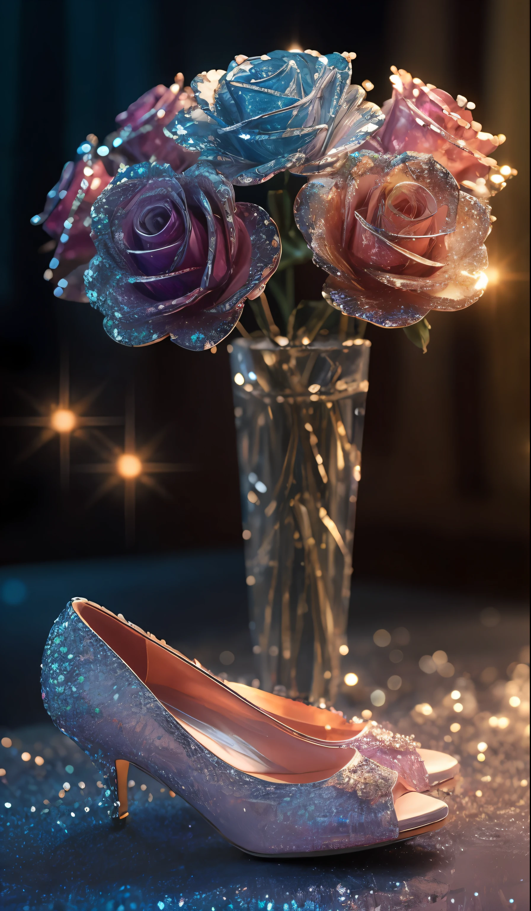 Crystal shoes and crystal roses， fanciful, galaxias, cleanness, glittery, glittery, Splendor, Colorful, Amazing photography, dramatic  lighting, photo-realism, ultra - detailed, 4K, depth of fields, A high resolution