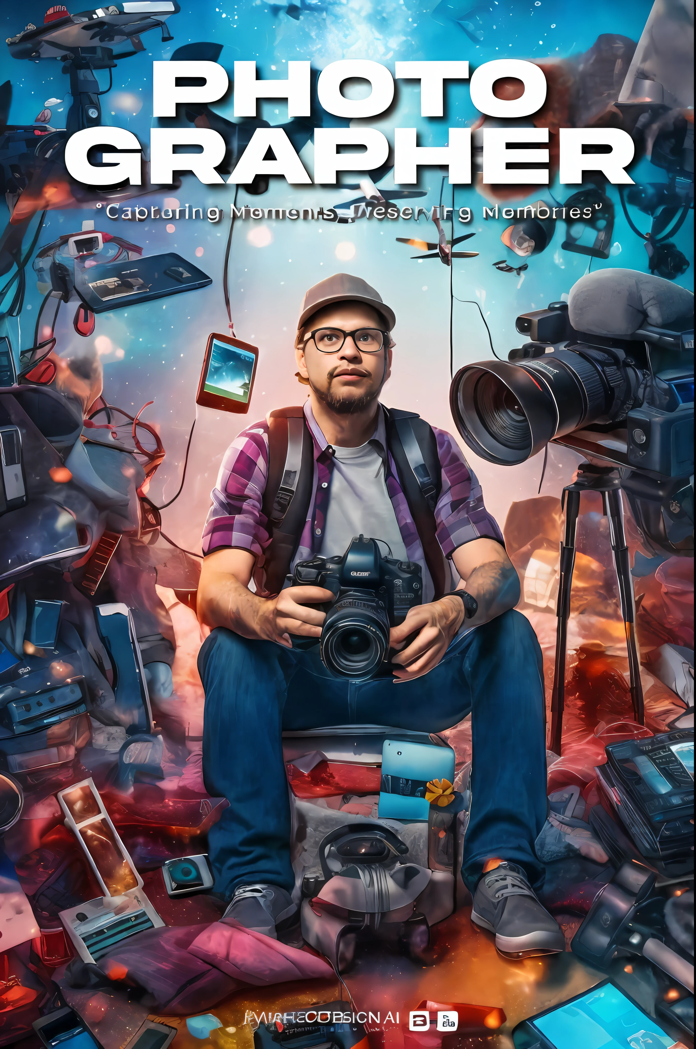 a man sitting on a pile of electronics with a camera, inspired by Louis Schanker, victor charreton, high definition chaotic, cinematic 8k hdr, 8 k cinematic photography, character photography, 4 k cinematic photo, cinematic photo shoot, inspired by Jeremy Chong, portrait of a digital shaman, cinematic poster, illustration 8 k, profile picture 1024px