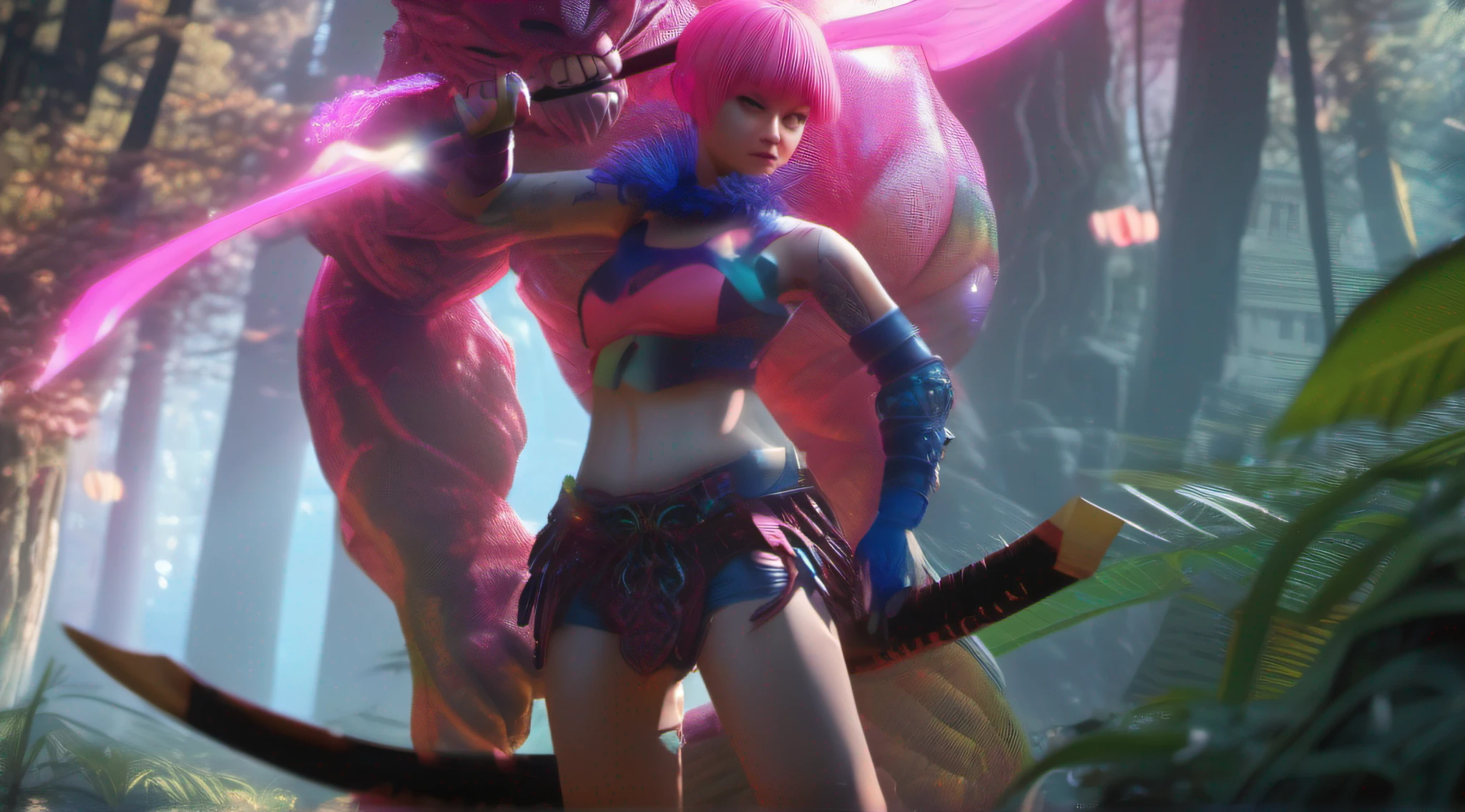 japanese oni is fighting a beautiful girl,18yo, in the jungle,pink short hair, blue eyes,Conceptual art, best photo shot, glowing light, realistic, UHD, textured skin, masterpiece, anatomically correct, best quality, 8k, full body,