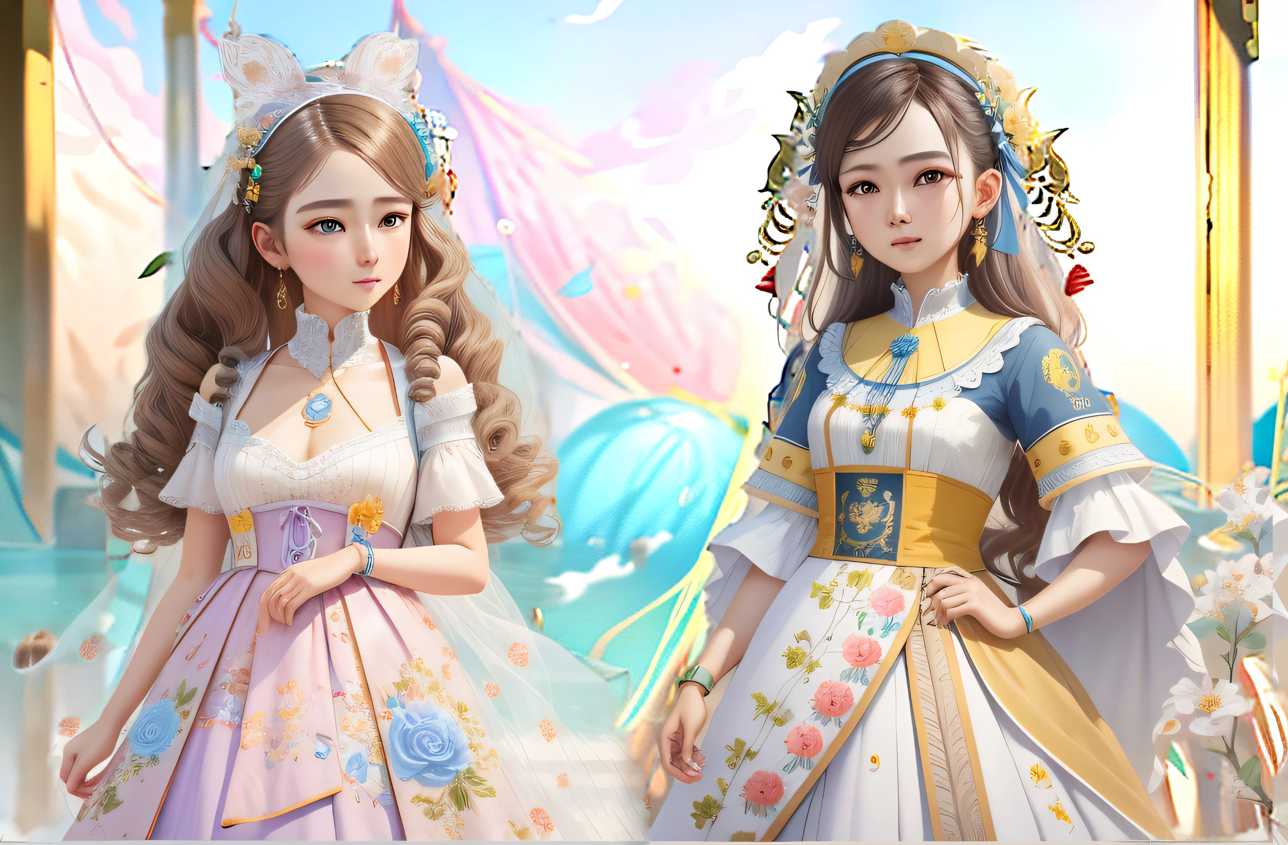 There are two anime girls wearing different costumes, Guviz-style artwork, trending on cgstation, 8K high quality detailed art, Palace ， A girl in Hanfu, Fantasy art style, Beautiful character painting, inspired by Park Hua, 2. 5 D CGI anime fantasy artwork, Stylized anime, WLOP and Sakimichan