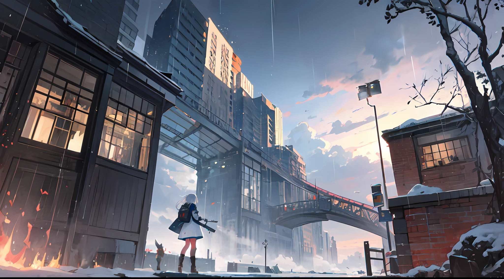 ((high qulity)), ((tmasterpiece)), 8K, Girls, bulletproof vest, llight rays, Extremely detailed CG unifies 8K, 8K, Diamond, and wallpaper, GameCG, looking at viewert, mitts, Boots, full bodyesbian, Wrist watch, Computer,Masks,UAVs,handheldweapons,Earphone,jaket,Bao,backpacks,Ark of tomorrow style,Black and white blend trench coat,围巾,with short white hair,Issuing,The sword,yellow armband,Yellow band,Black strap,blue stripe,red color eyes,The sword,Firearms,Straighten your hair with both hands,Detailed hands,detailed back ground,detailed face with,A masterpiece of the Rhode Island Bridge,(best qualtiy:1.2),(super-fine:1.2),illustratio,(Extremely refined and beautiful:1.2),Movie Angle,floatking,(beatiful detailed eyes:1.1),(Detail light:1.1),电影灯光,Exquisite sky,woman,whaite hair,eBlue eyes,(high ponytails:1.1),cloaks,glowing light eyes,(themoon:1.2),(rays of moonlight:1.1),starrysky,(Light particles:1.1),Mist,Snow painting,full bloom,废墟,little bit of raining,,Earphone,White cat ears,Rained,Rain drops,Black hairpin,yellow armband,Blue sea,White tights