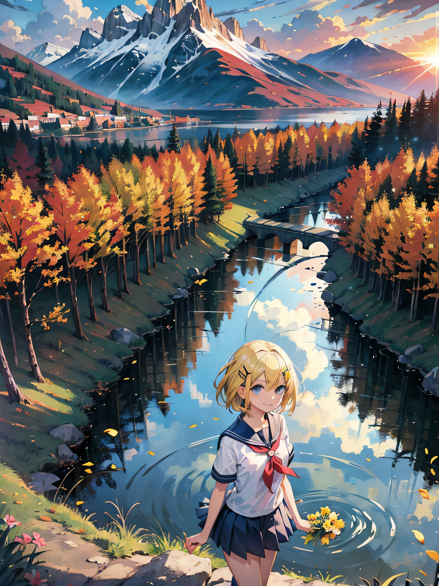 (masterpiece:1.3),(best quality),(ultra-detailed),1girl,8k,semi-realistic,4k,RTX,shaders,brilliant texture work, standing in the river ,sunset,clouds,mountains,trees, yellow hair, blue eyes, 16 years old,smile, short hair, school uniform, hairpin,sunset view , sun in the mountain peak,shiny sun, far view