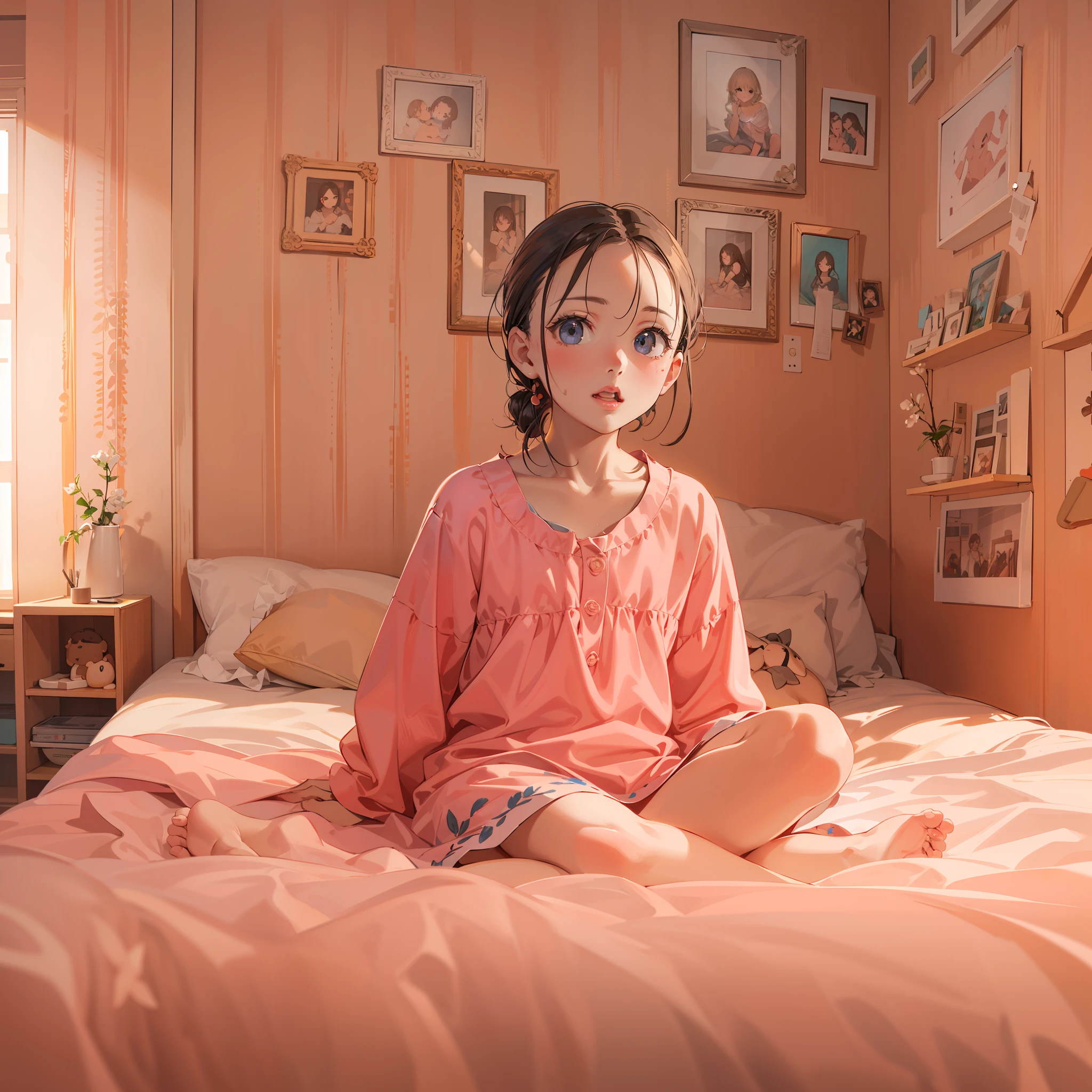 very cute female child,10 yo,Peach-colored pajamas, Barefoot,Sweat:1.1, Summer,day,flat chest, Pink Room,4K, (Raw photo: 1.2), (Realism: 1.4), (masutepiece: 1.3), (exquisite detailing: 1.2), Delicate and beautiful details, (Eye Detail), (Facial Detailed), (Highest Quality) :1.4), (Hyper-Resolution: 1.2),(very detailed illustration), Best Quality,depth of fields, Wide light, natural shadows