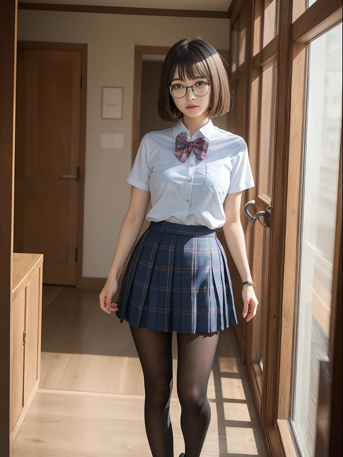 （8K、Raw photography、top-quality、​masterpiece：1.2),de pele branca,kne,(Black pantyhose),absurderes,a small face,small tits,flat breast,Parting the bangs from the middle、Forehead visible,(Tight eyes,glares,Bullish,skinny,Rasping,irate)、​masterpiece,top-quality、超A high resolution,Raw photo,ren,Beautiful fece,One Person, 独奏,eye glass,,Dark look,Small breasts,fullllbody,Round glasses、cute little、JK school uniform,hi-school girl,A Japanese Lady,is standing,（Photorealsitic：1.37）、Photon mapping,Light blue ribbon,Realistic、Cute little face,Brown-eyed、Black socks、(Red bow tie)、Radio City、Physically Based Rendering、Foreground、depth of fields、Blurry background、a picture,The girls、Body,beauty legs, Long legs, Thin leg,Long bob cut,(Bangs are visible), hair, s lips, Blue_The eye, nosesoft,Light blue shirt, Navy and blue and white plaid pleated skirt, Knees are visible,Sheer clothing,, Thigh, Black cotton socks,Nogizaka Idol, 女優, Japanese ido