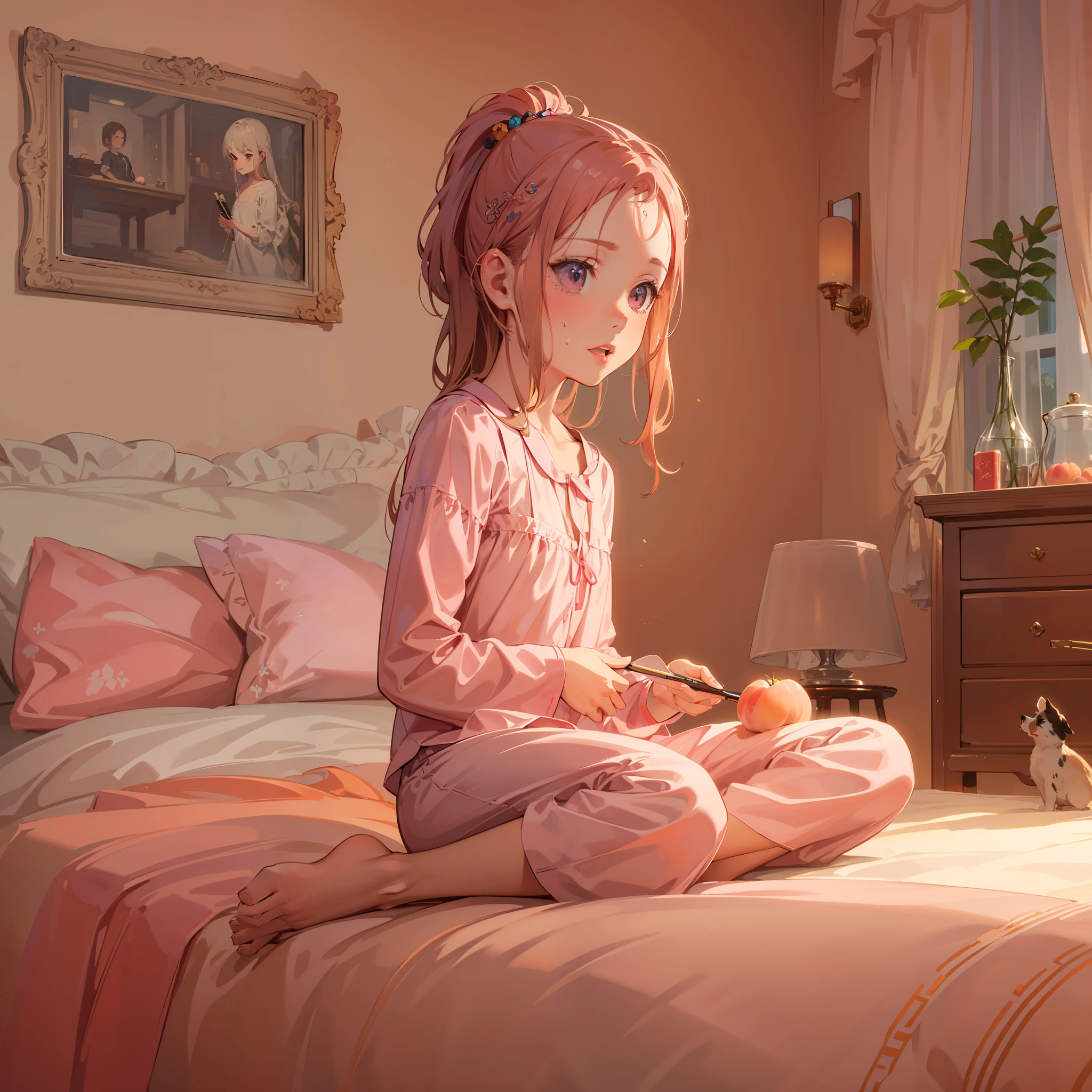 very cute female child,10 yo,Peach-colored pajamas, Barefoot,Sweat:1.1, Summer,day,flat chest, Pink Room,4K, (Raw photo: 1.2), (Realism: 1.4), (masutepiece: 1.3), (exquisite detailing: 1.2), Delicate and beautiful details, (Eye Detail), (Facial Detailed), (Highest Quality) :1.4), (Hyper-Resolution: 1.2),(very detailed illustration), Best Quality,depth of fields, Wide light, natural shadows