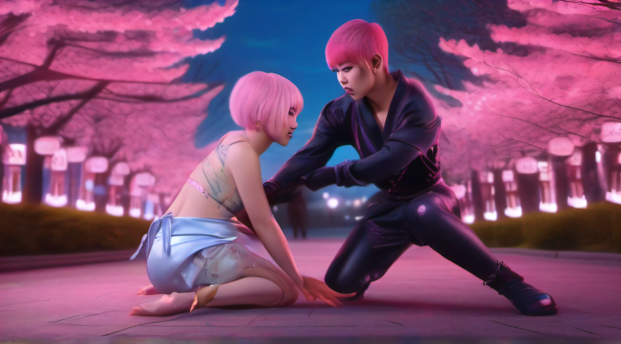 japanese oni is fighting a beautiful girl,18yo, in the park,pink short hair, blue eyes,Conceptual art, best photo shot, glowing light, realistic, UHD, textured skin, masterpiece, anatomically correct, best quality, 8k, full body,