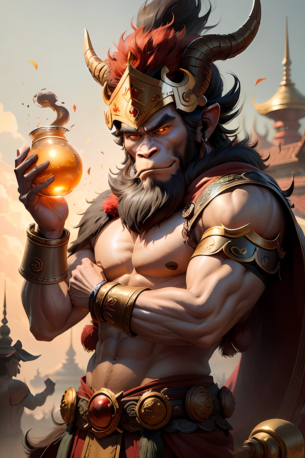 There was a man with a horned head holding a pot, son goku, Wukong, Monkey king, asura from chinese myth, humanoid monkey fantasy race, by Yang J, Inspired by Hu Zaobin, wojtek fus, 3 d ape shaman profile portrait, hanuman!! head building, chengwei pan on artstation