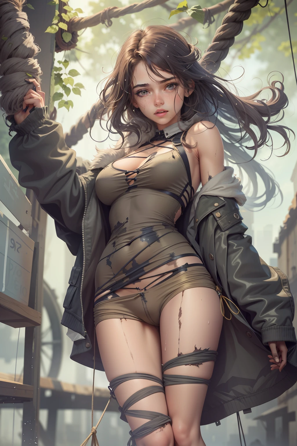 1girll，18yr old，sexy for，The beautiful，Slim figure，the breasts are large，The clothes are tattered，The limbs are tied in mid-air by ropes，The expression was panicked，There are some scars on the body，Wet pubic hair，Incontinence