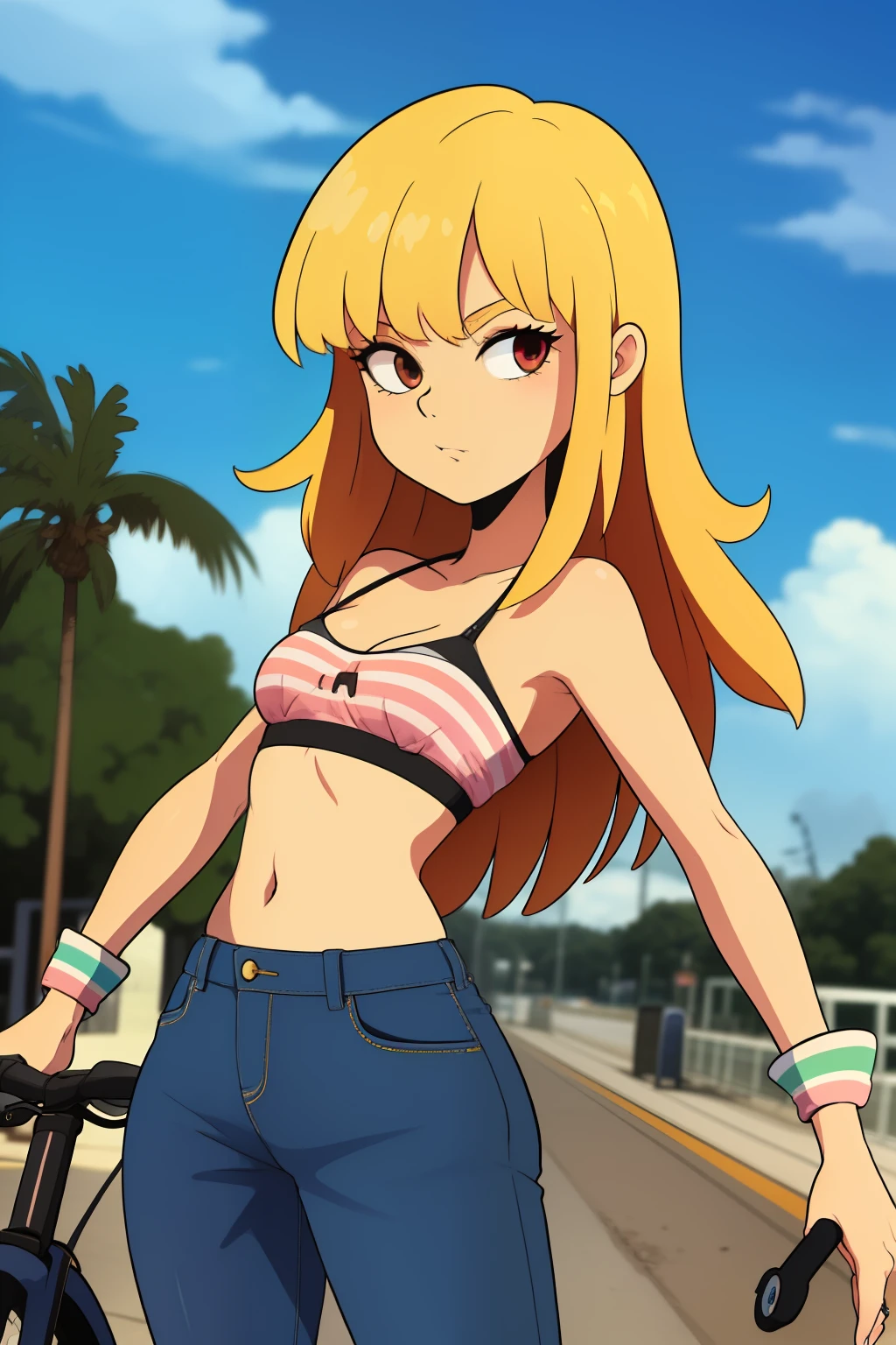 GameGirl , (cola de caballo rubia) con reflejos de rayas rosas, 80's anime style, (pecho plano),  Muslos, Caderas, small waist, Andar en bicicleta por la ciudad, Pantalones cortos de motorista, desde el lado, Bikini Top, Cloudy day, Close to train tracks, dibujos animados