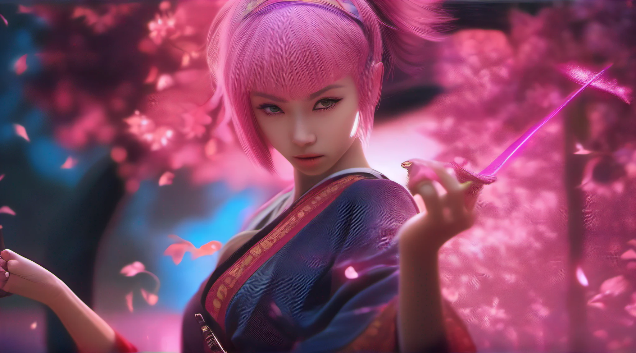 japanese oni is fighting a beautiful girl,18yo, in the park,pink short hair, blue eyes,Conceptual art, best photo shot, glowing light, realistic, UHD, textured skin, masterpiece, anatomically correct, best quality, 8k, full body,