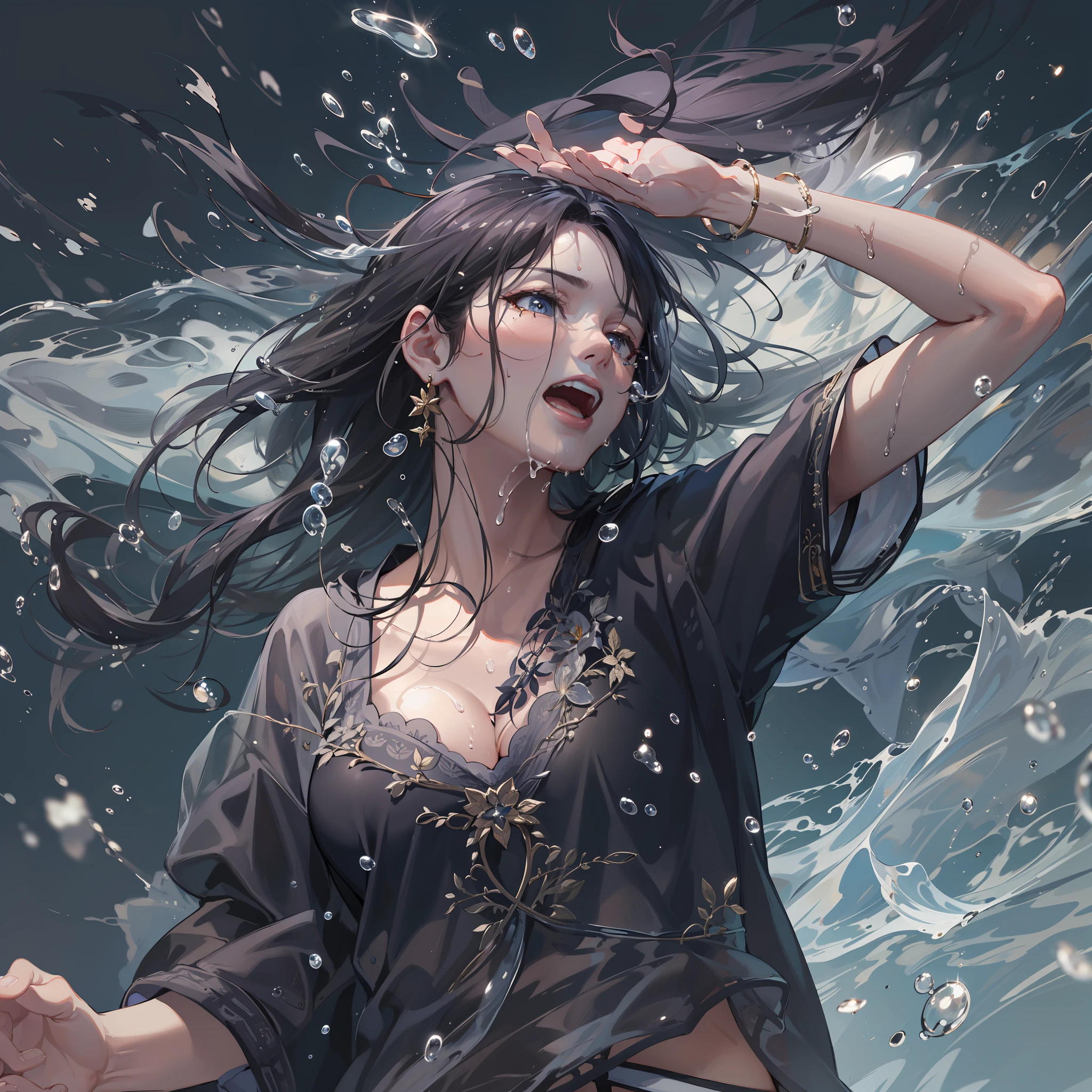 a sense of depth,concert,Water Splash Festival,Wet clothes,Blowing in the wind,See-through clothes,wave her hand,Idol,Sing a song,Sweat splashes,swet,4K, (Raw photo: 1.2), (Realism: 1.4), (masutepiece: 1.3), (exquisite detailing: 1.2), Delicate and beautiful details, (Eye Detail), (Facial Detailed), (Highest Quality:1.4), (very detailed illustration), Best Quality, Super Resolution,Wide light, natural shadows