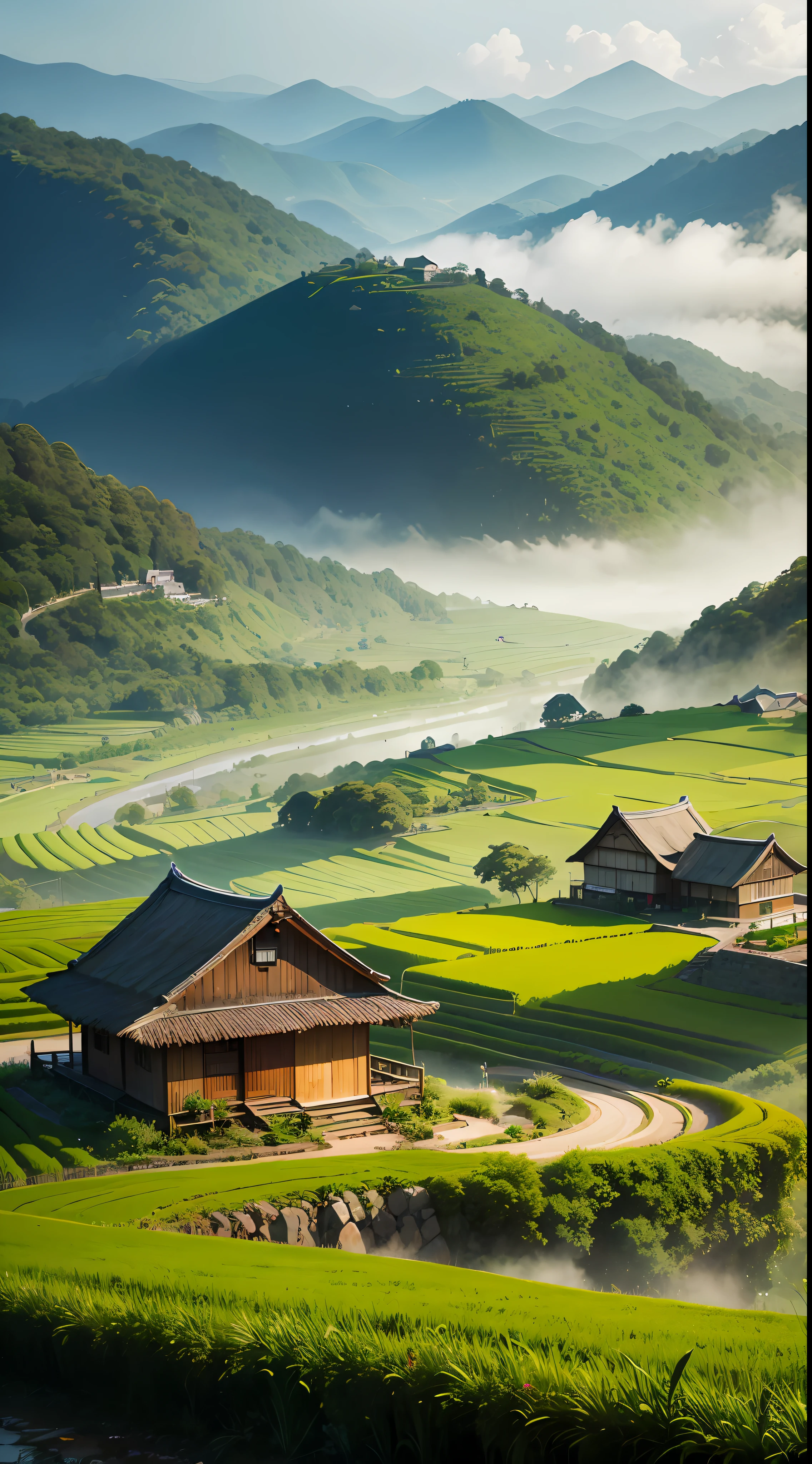 Large expanses of terraced fields, mountains, huts, with rice fields, rice fields, neat rice seedlings in the fields, various tiny flowers everywhere, misty rain, villages, agriculture, in the tranquil landscape, misty weather, in the vast tranquil landscape, in the early morning, in the morning mist, behind a small village, mist, Japanese countryside, thatched roofs --v 6