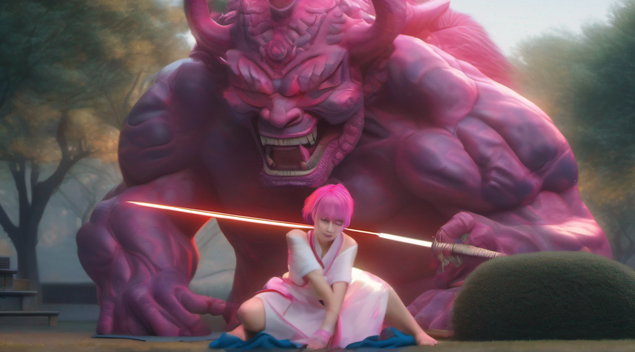 japanese oni is fighting a beautiful girl,18yo, in the park,pink short hair, blue eyes,Conceptual art, best photo shot, glowing light, realistic, UHD, textured skin, masterpiece, anatomically correct, best quality, 8k, full body,