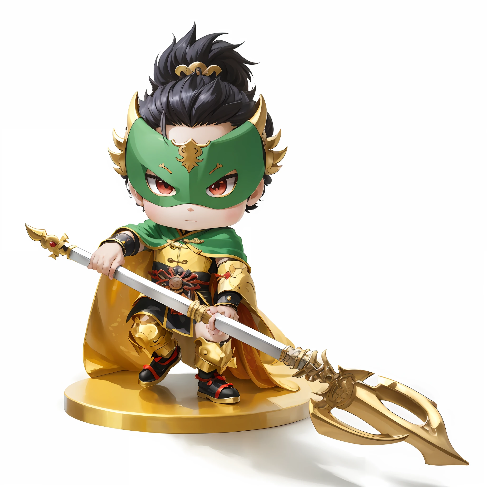 Male with a spear，Chibi anime characters，Chinese style，Chinese costumes，Chinese shoes，Refinement，Cloak，Chinese pattern，Silver armor，Horse steps，high definition detail，infinite details，tmasterpiece，HighestQuali，8K combat stance, confident heroic pose, mid view
