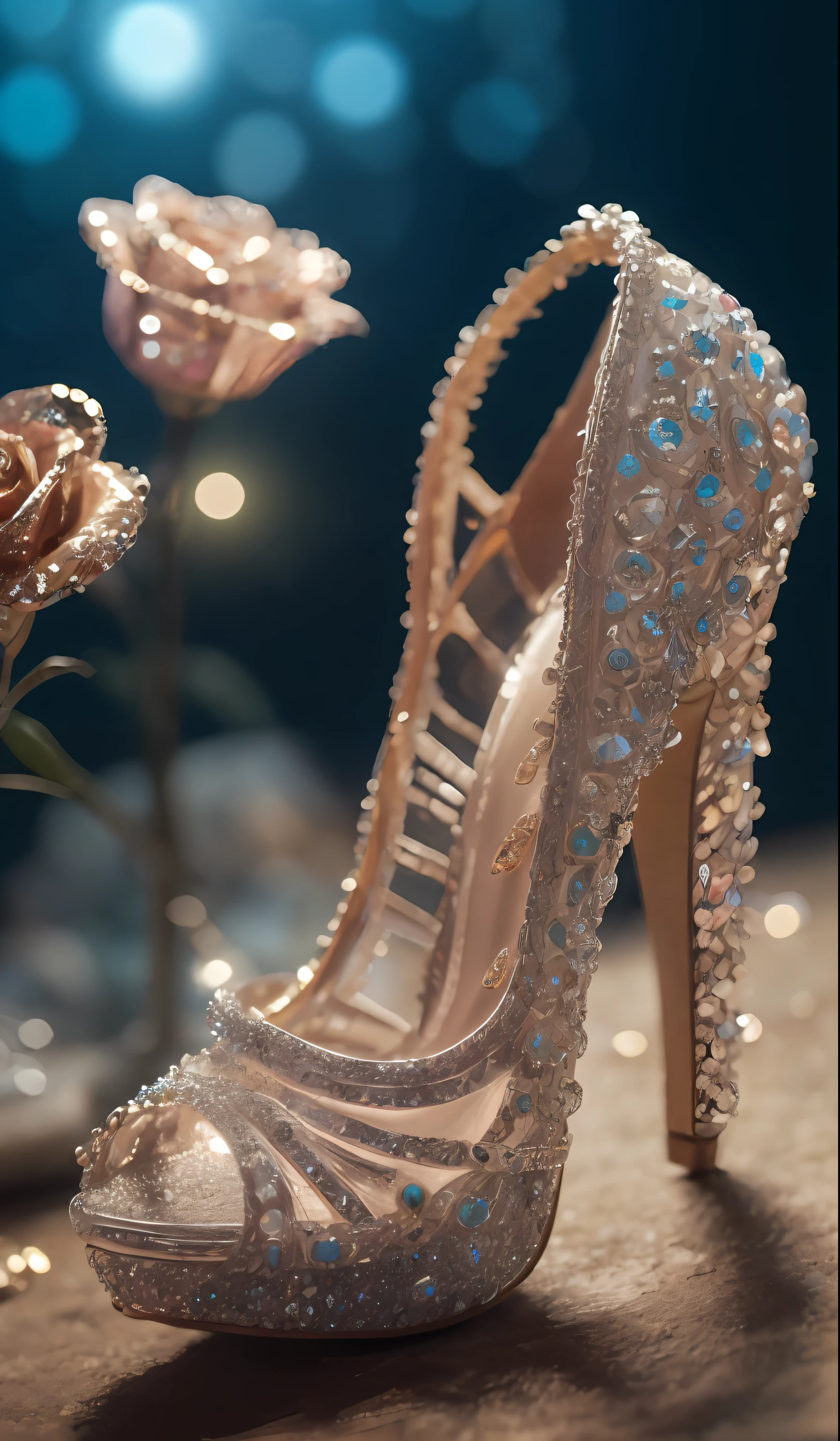 Crystal shoes and crystal roses, fanciful, galaxias, cleanness, glittery, glittery, Splendor, Colorful, Amazing photography, dramatic lighting, photo-realism, ultra - detailed, 4K, depth of fields, A high resolution