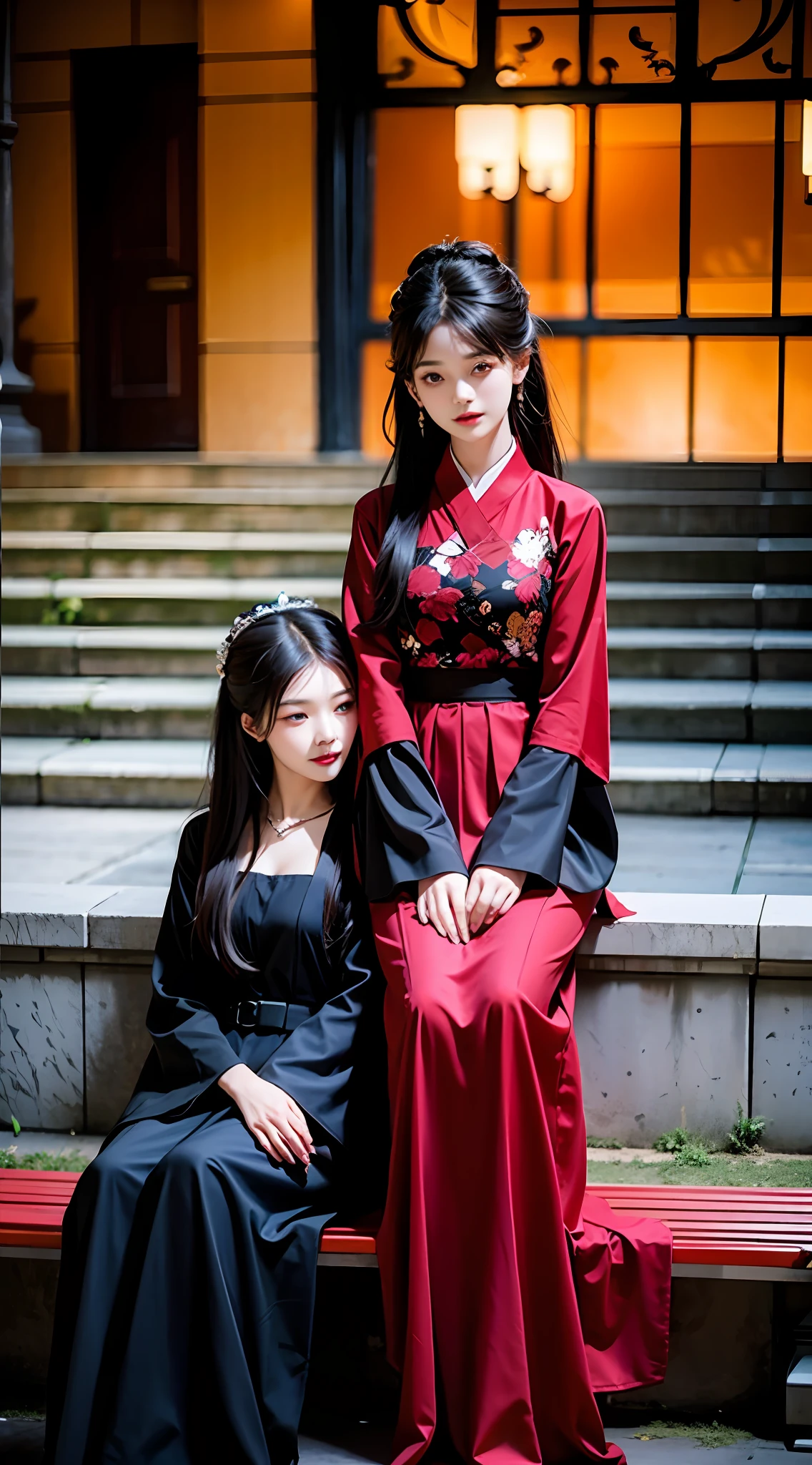 Two women sitting on benches,Put your arms around each other, black and red silk clothing, WLOP and Sakimichan, nixeu and sakimichan, Two beautiful girls, two models in the frame, Shoot together, Model group photo