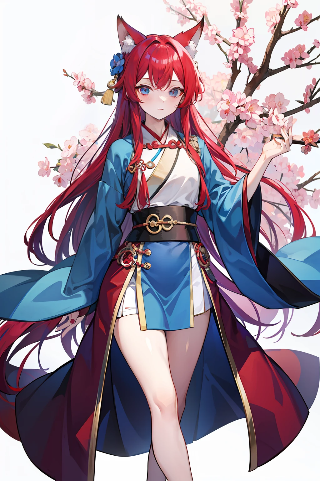 Kizi,Rosy red purple hair,blueneyes,fox ear,Ancient Chinese clothing,full bodyesbian,long blue robes,bloomer,long whitr hair,Qi bangs,Set the chart,Handsome