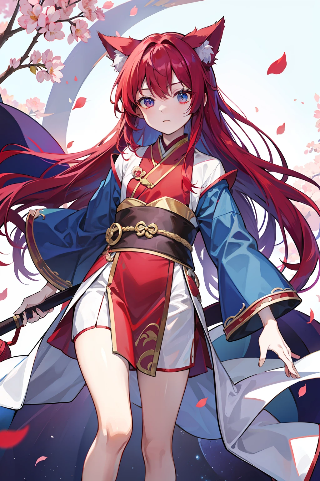 Kizi,Rosy red purple hair,blueneyes,fox ear,Ancient Chinese clothing,full bodyesbian,long blue robes,bloomer,long whitr hair,Qi bangs,Set the chart,Handsome