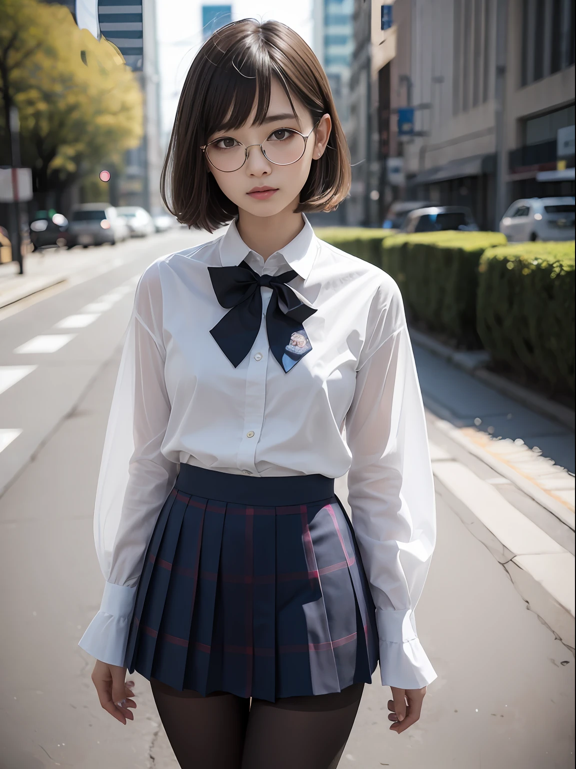 (8K、Raw photography、top-quality、masterpiece:1.2),de pele branca,kne,(Black pantyhose),absurderes,a small face,small tits,flat breast,Parting the bangs from the middle、Forehead visible,(Tight eyes,glares,Bullish,skinny,Rasping,irate)、masterpiece,top-quality、超A high resolution,Raw photo,ren,Beautiful fece,One Person, 独奏,eye glass,,Dark look,Small breasts,fullllbody,Round glasses、cute little、JK school uniform,hi-school girl,A Japanese Lady,is standing,(Photorealsitic:1.37)、Photon mapping,Light blue ribbon,Realistic、Cute little face,Brown-eyed、Black socks、(Red bow tie)、Radio City、Physically Based Rendering、Foreground、depth of fields、Blurry background、a picture,The girls、Body,beauty legs, Long legs, Thin leg,Long bob cut,(Bangs are visible), hair, s lips, Blue_The eye, nosesoft,Light blue shirt, Navy and blue and white plaid pleated skirt, Knees are visible,Sheer clothing,, Thigh, Black cotton socks,Nogizaka Idol, 女優, Japanese ido