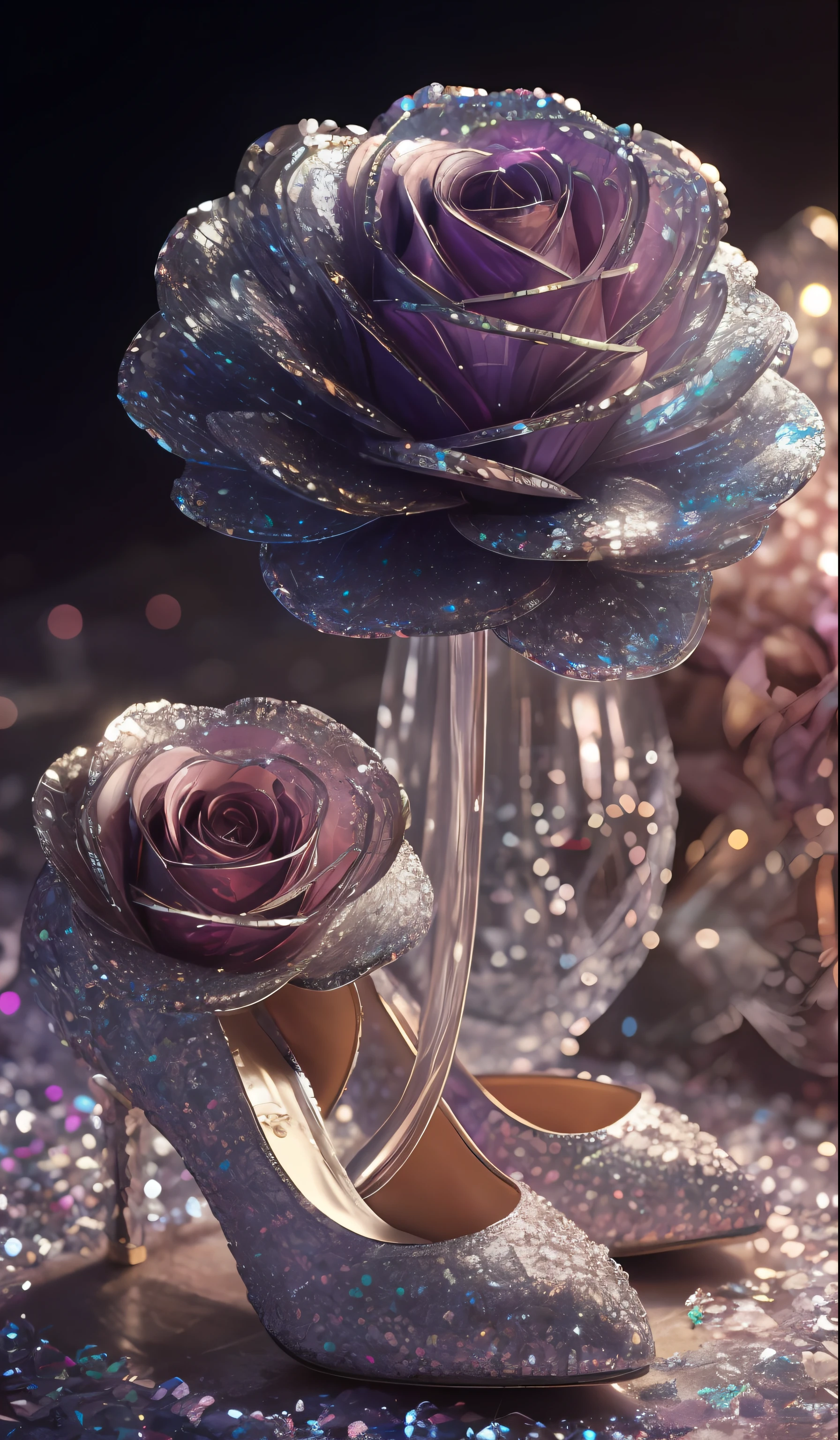 Crystal shoes and crystal roses， fanciful, galaxias, cleanness, glittery, glittery, Splendor, Colorful, Amazing photography, dramatic  lighting, photo-realism, ultra - detailed, 4K, depth of fields, A high resolution