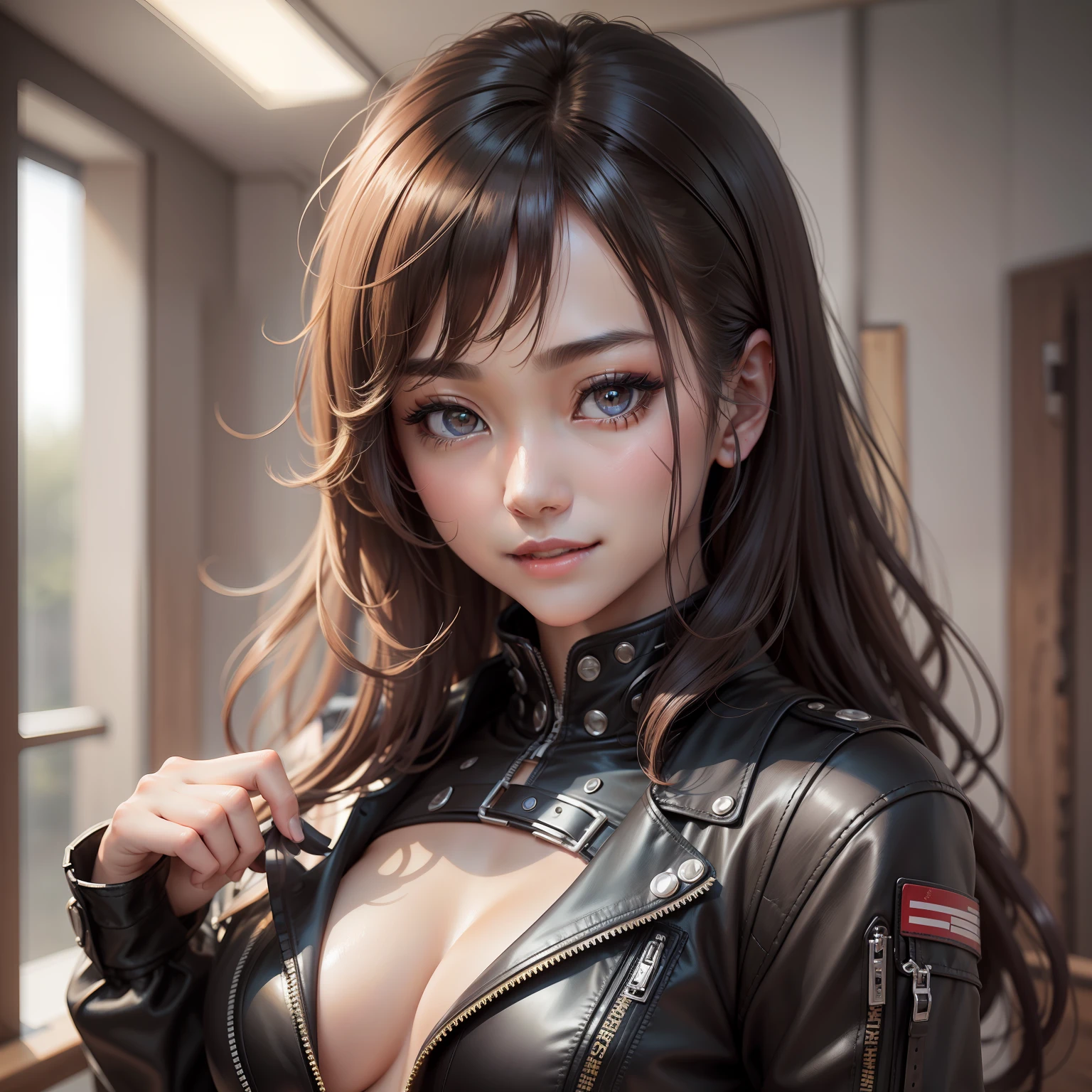 top-quality、8k、masterpiece:1.3))、a beauty girl、1 female、爆乳:1.3、Slender body type:1.1、Toned abs、Happy smiling face、Dark brown hair、(Wearing erotic:1.1)、cyberpunked、leather jackets、leather pant、a blond、hyperdetailed face、detailed lips、A detailed eye、二重まぶた、Beautuful Women