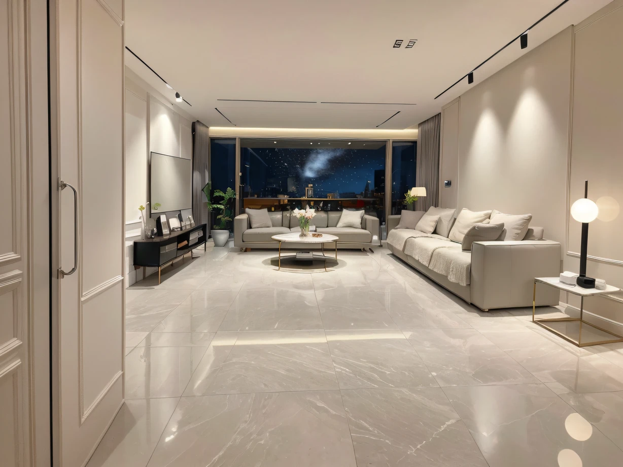 ，masterpiece, best quality，8k, ultra highres，Reallightandshadow，In this perfectly interpreted luxury living room，Every corner releases the ultimate aesthetic artistic atmosphere。A huge abstract painting hangs from the wall，The brilliant colors are like dancing notes，Lead people into a vast visual symphony。The marble floor echoes the mirrored glass coffee table，Exudes cold luxury。The golden streamlined lamps are like a river of stars，Light up the entire living room，It makes you feel like you are in a dreamy starry sky。