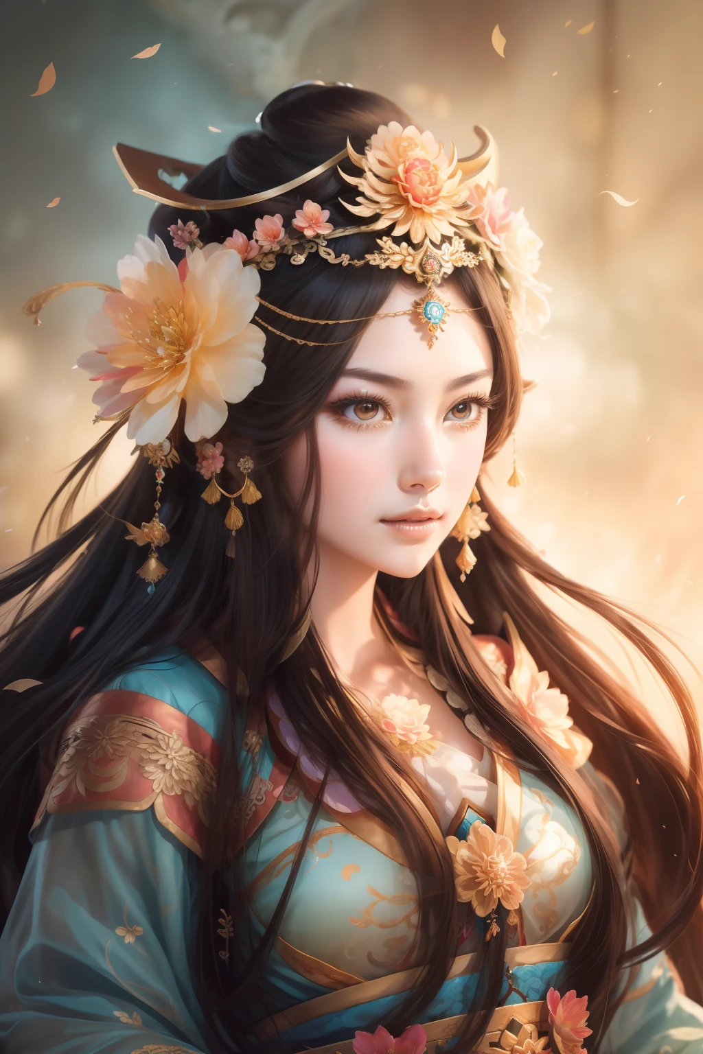 a close up of a woman with a flower crown on her head, a beautiful fantasy empress, Palace ， A girl in Hanfu, by Yang J, ((a beautiful fantasy empress)), Beautiful character painting, Inspired by Lan Ying, inspired by Du Qiong, Beautiful age girl, queen of the sea mu yanling, Chinese fantasy, Inspired by Ai Xuan