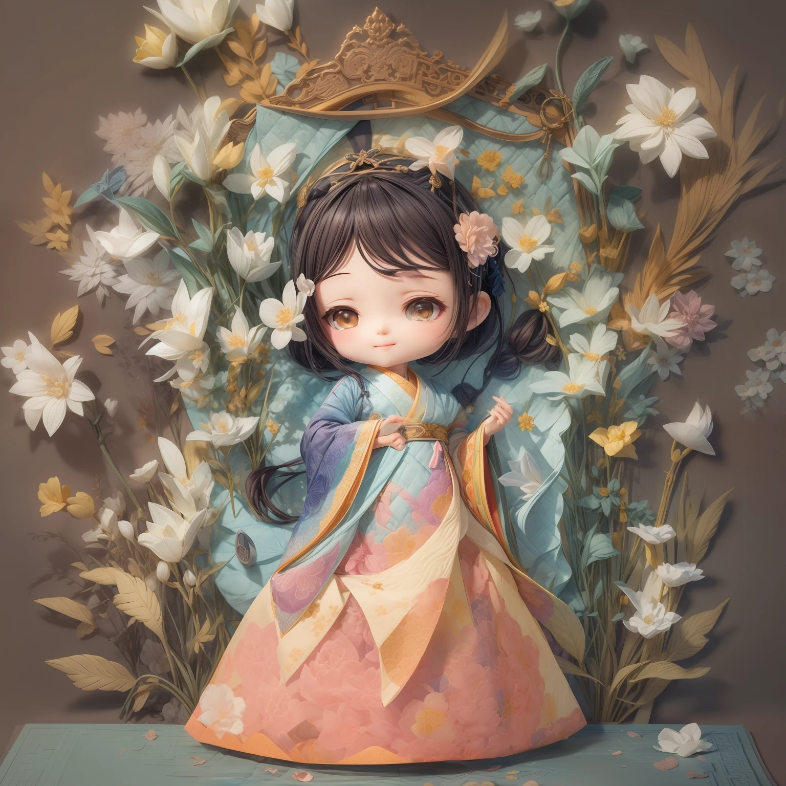 sandbox(1.4),Movie Angle,(Cute girl,Dissection is correct,Masterpiece Jasmine,Masterpiece Hanfu,ssmile),(paper art,Quilted paper art,solid)(plethora of colors,Best quality,high detal,tmasterpiece,Cinematic lighting effects,4K,Chiaroscuro)