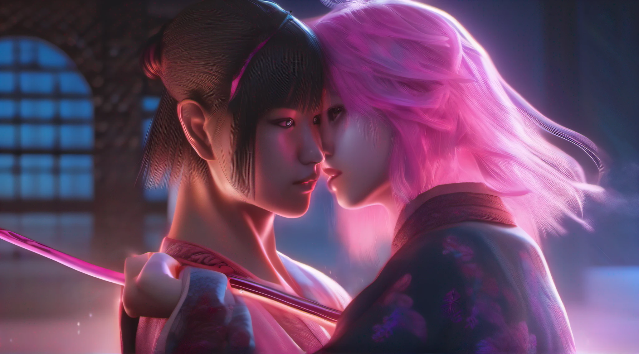 japanese oni is fighting a beautiful girl,18yo, by the castle,pink short hair, blue eyes,Conceptual art, best photo shot, glowing light, realistic, UHD, textured skin, masterpiece, anatomically correct, best quality, 8k, full body,